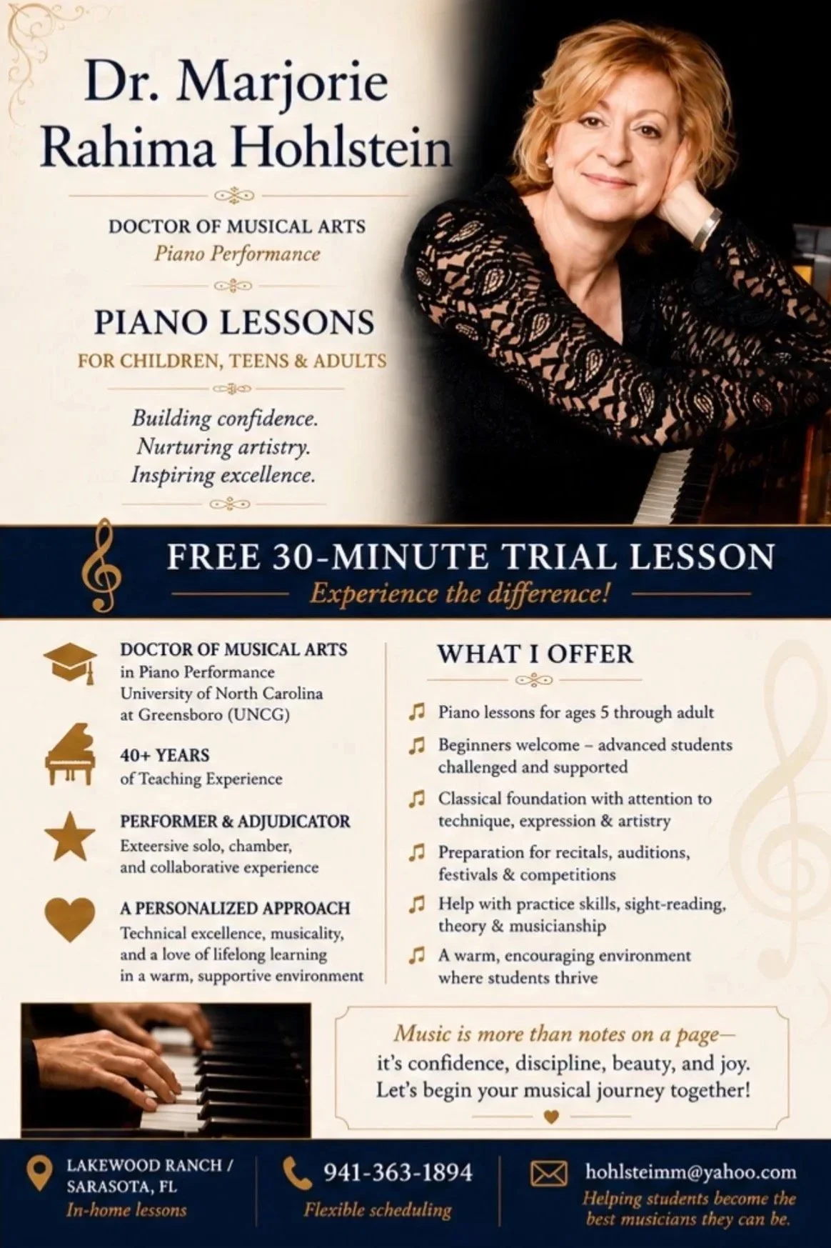 Flyer advertising piano lessons by Dr. Marjorie Rahima Hohlstein, offering a free 30-minute trial, for children, teens, and adults. Includes her credentials, experience, and what is offered, such as lessons, support, and preparation for performances. Features her contact details and a photo of her sitting at a piano.