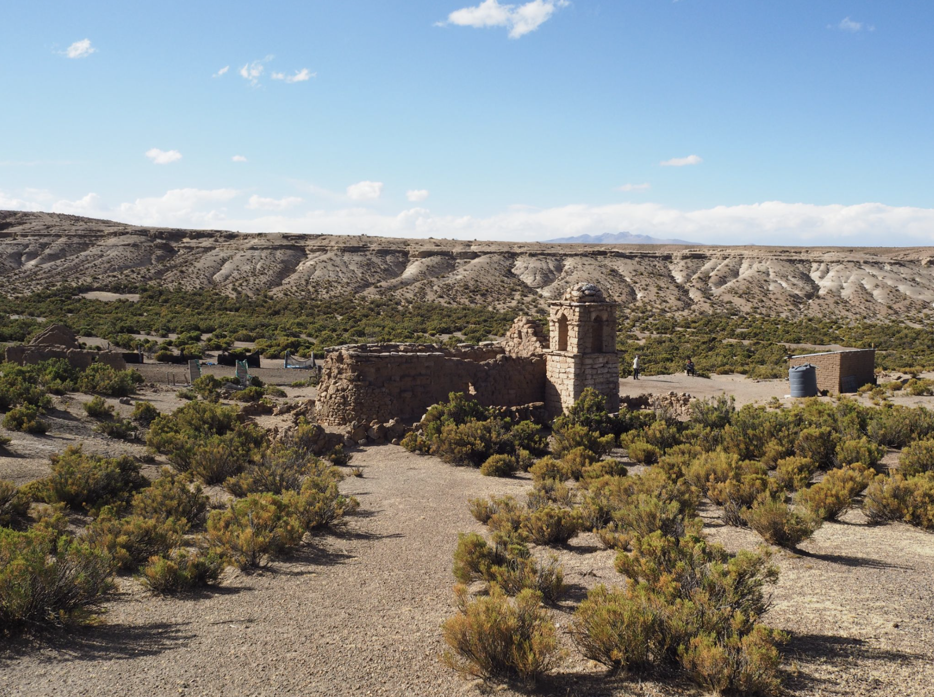 Paisaje desértico con ruinas antiguas y vegetación dispersa, rodeado de montañas y cielo despejado