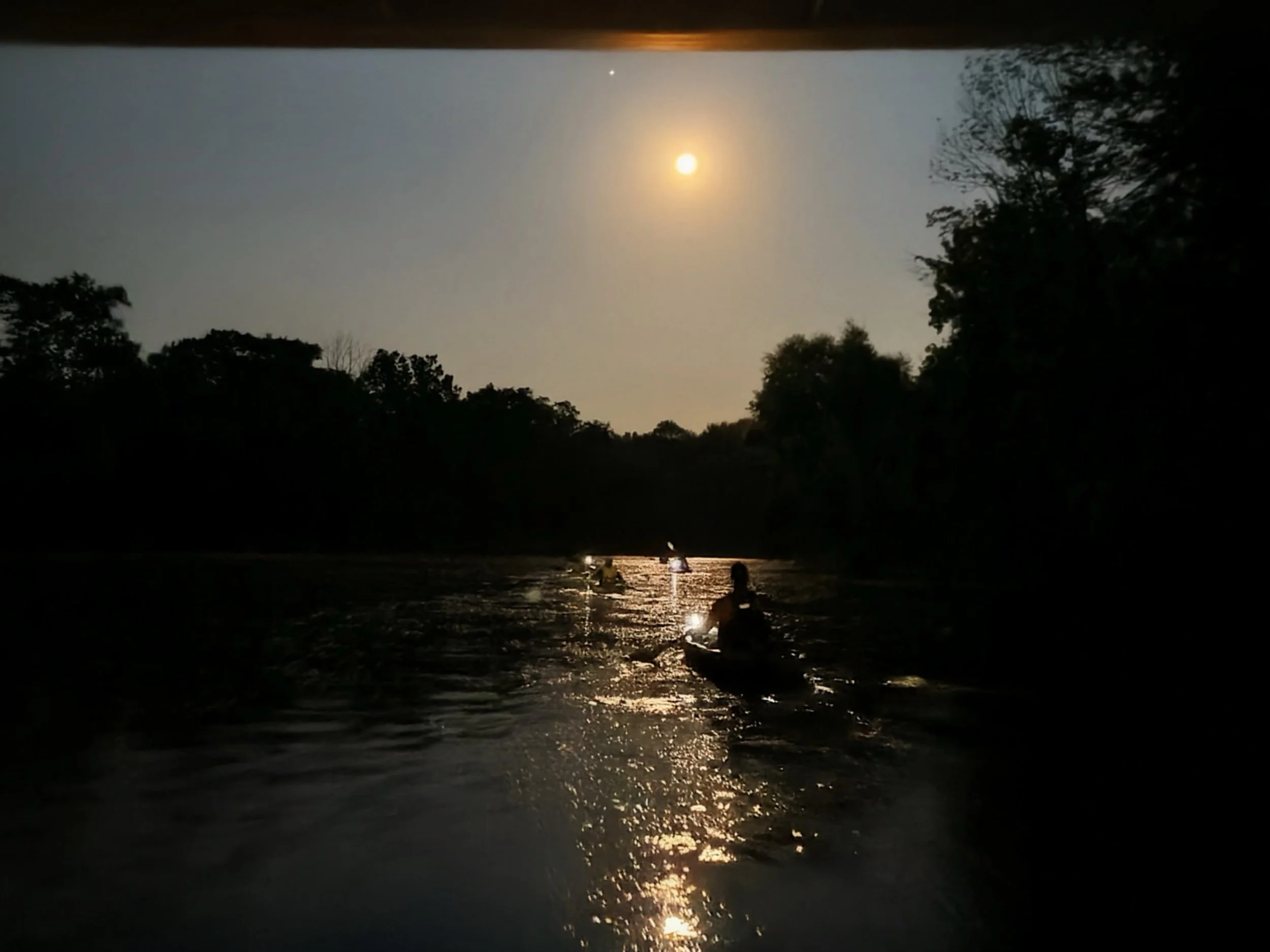 A night scene of a river with several small boats on the water, illuminated by the moonlight, with trees and foliage along the riverbank in the background.