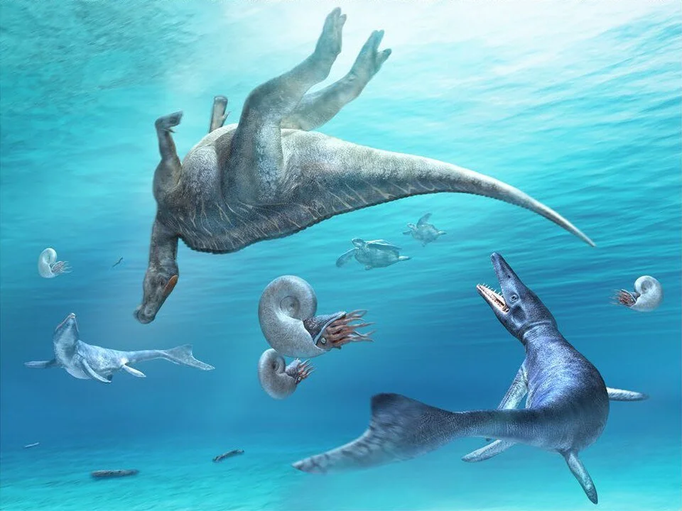 Mosasaur feeding on carcass of dinosaur in reconstruction of Cretaceous sea: Art by Masato Hattori, published by Yoshitsugu Kobayashi, Tomohiro Nishimura, Ryuji Takasaki, Kentaro Chiba, Anthony R. Fiorillo, Kohei Tanaka, Tsogtbaatar Chinzorig, Tamaki