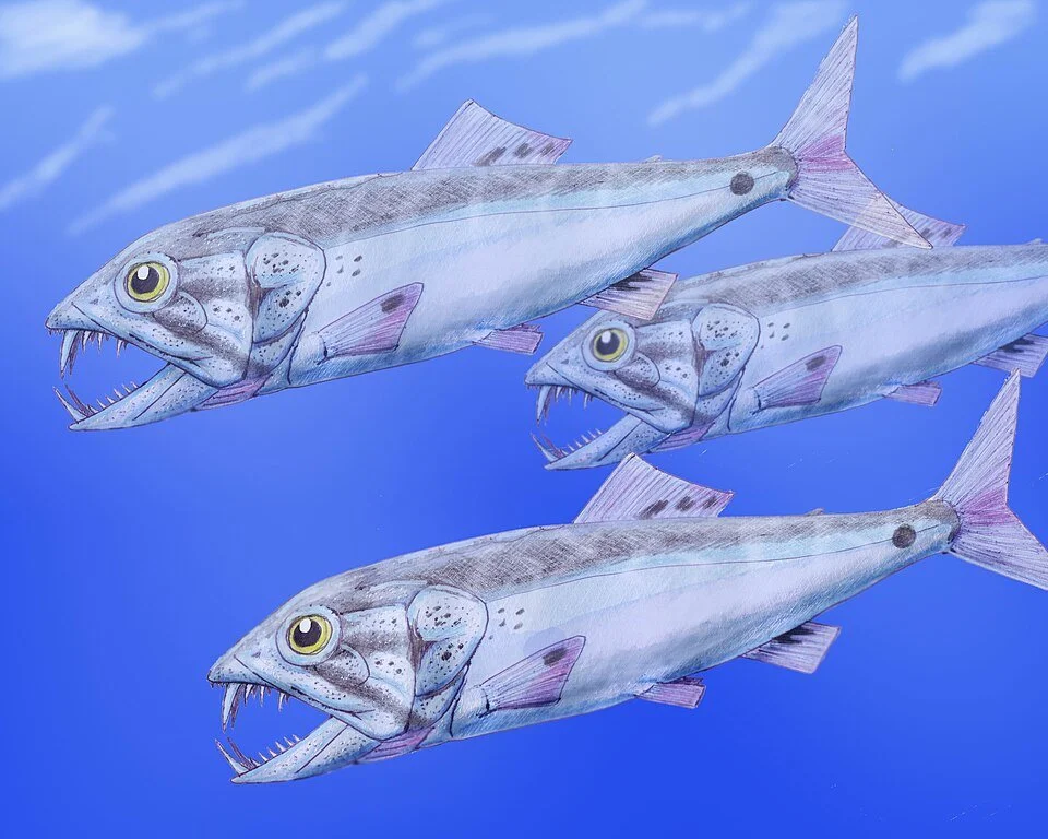 Fang-fish, Enchodus sp. lived with Mosasaurs, large predatory sharks, and others in the Cretaceous: Creator: Dmitry Bogdanov, CC BY 3.0  , via Wikimedia Commons