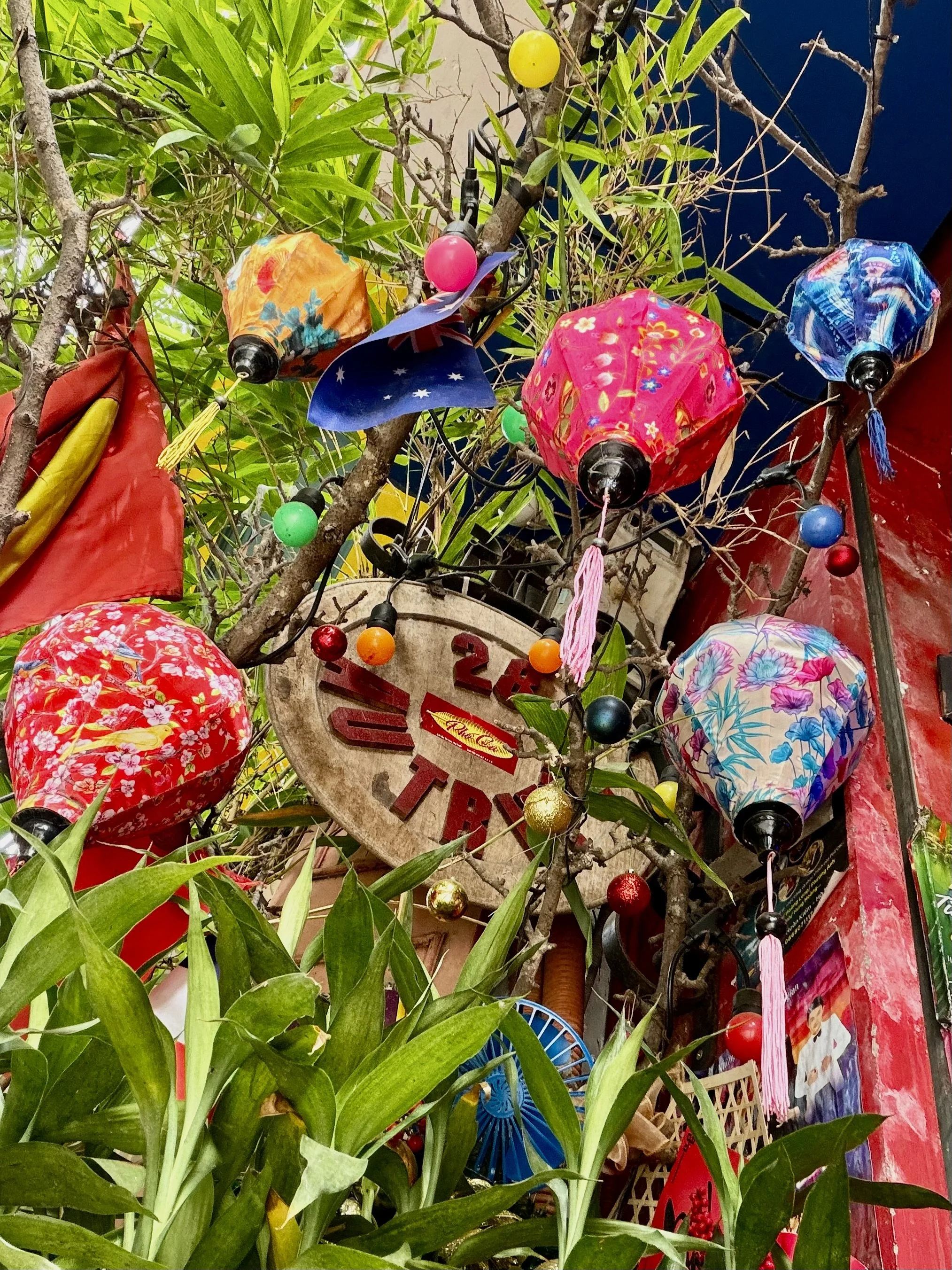 Colorful handmade lanterns and paper fans hanging amid lush garden foliage