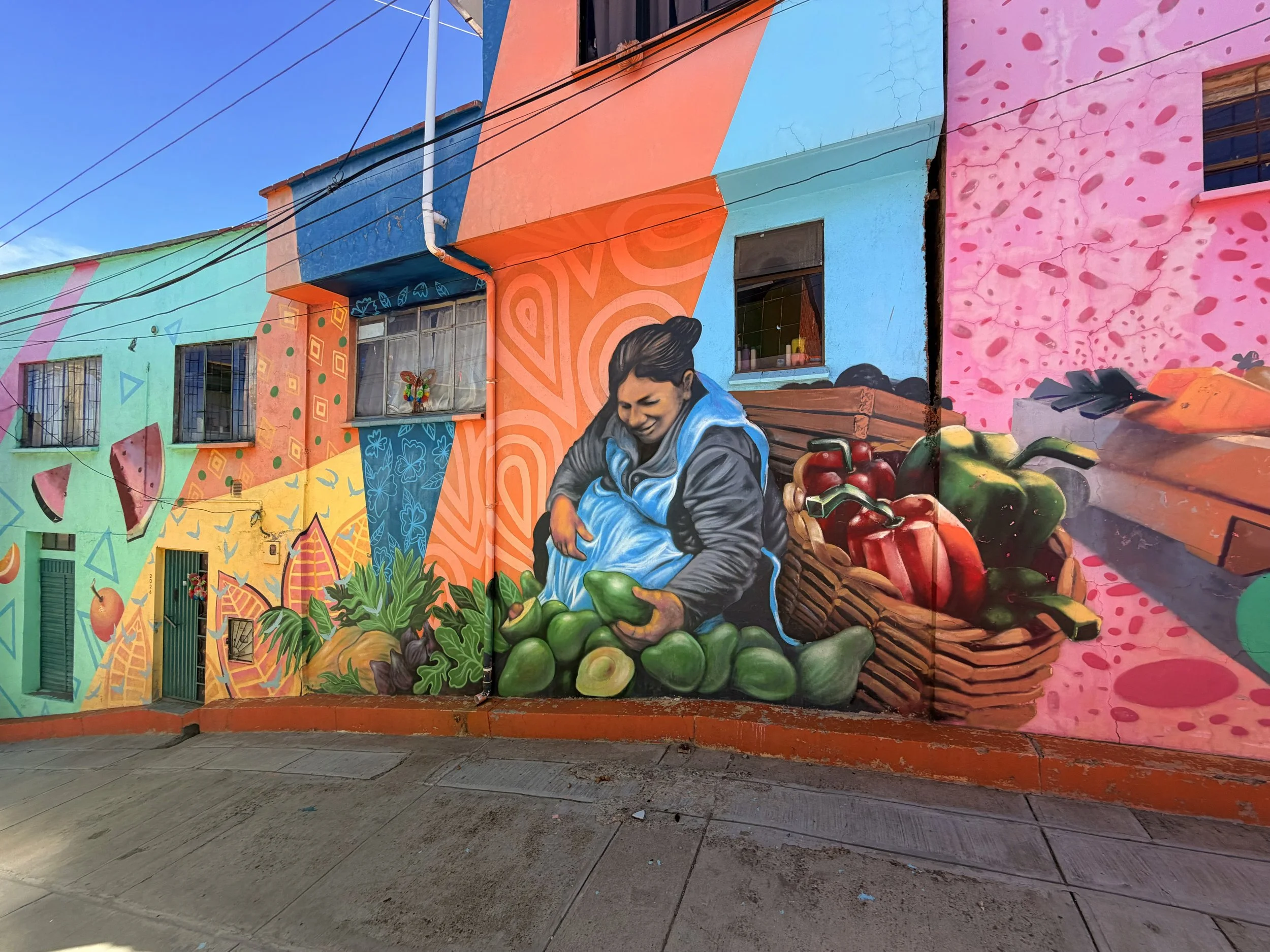Colorful street mural of a woman with a market fruit basket wrapping around a building corner