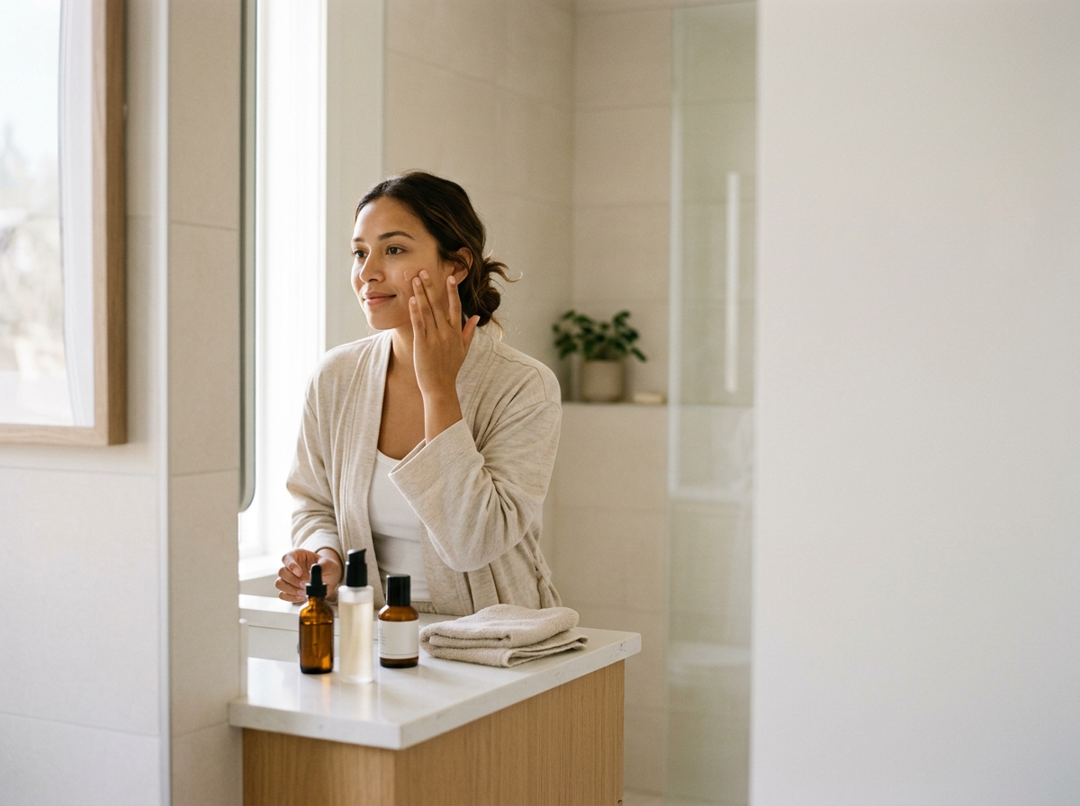 A woman applying skincare in front of a mirror in a bathroom.