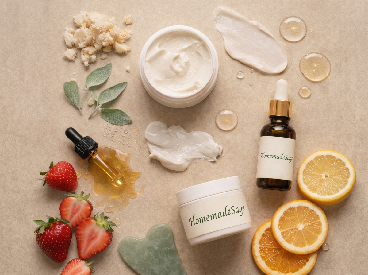 Natural skincare ingredients including strawberries, lemon slices, herbs, essential oils, and creams arranged on a beige background.