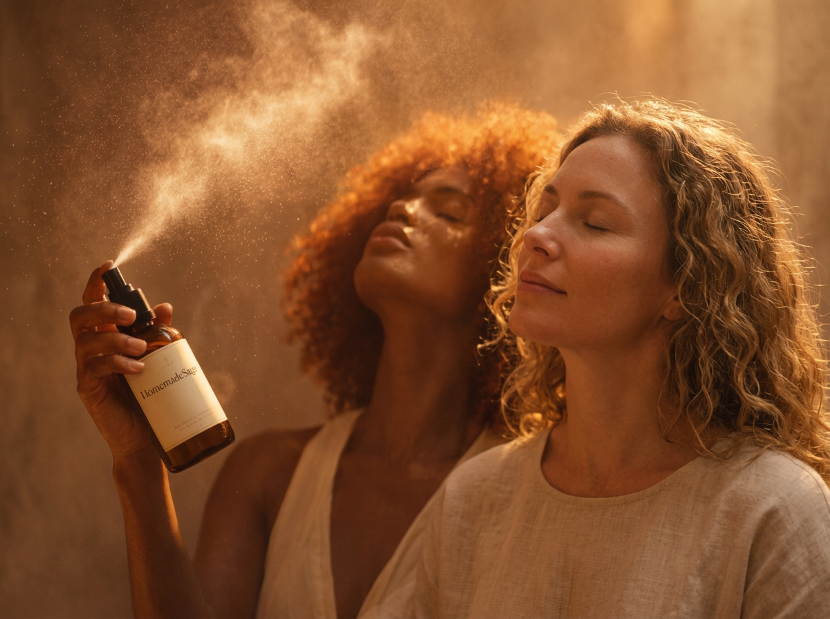 Two women with closed eyes enjoying a spray of mist or aroma from a spray bottle marked 'Homemade Spray' in warm lighting.
