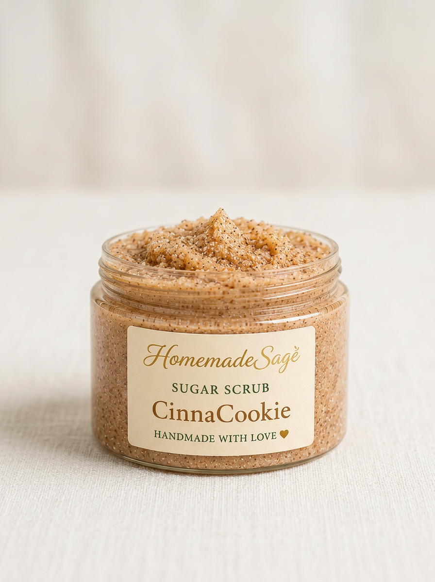 A jar of homemade sugar scrub labeled 'CinnaCookie' with a beige background and white cloth surface underneath.