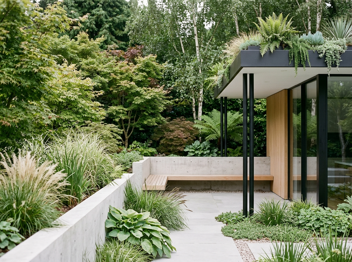 Modern house with floor-to-ceiling glass windows, surrounded by lush greenery and a garden with various plants and shrubs.
