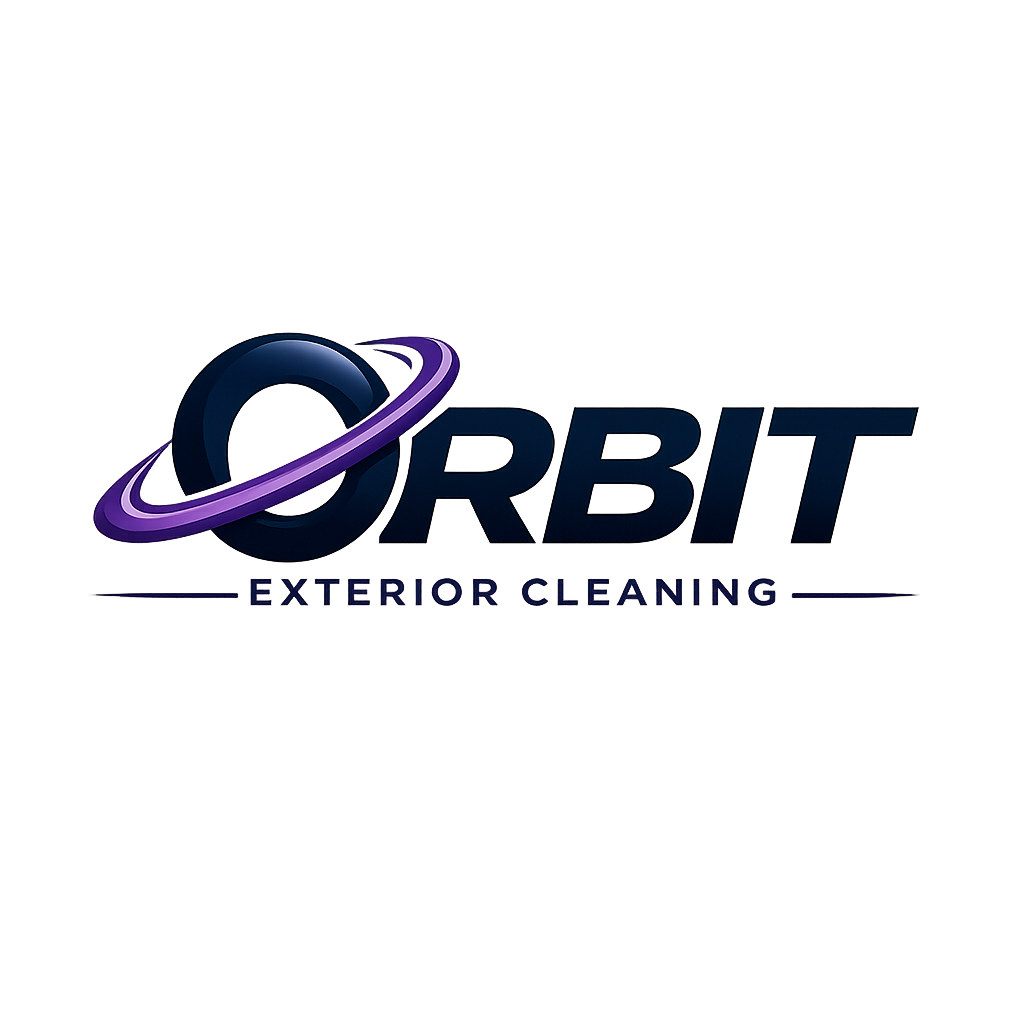 Logo for Orbit Exterior Cleaning, featuring a stylized planetary ring around a sphere, with the words "Orbit" and "Exterior Cleaning" underneath.