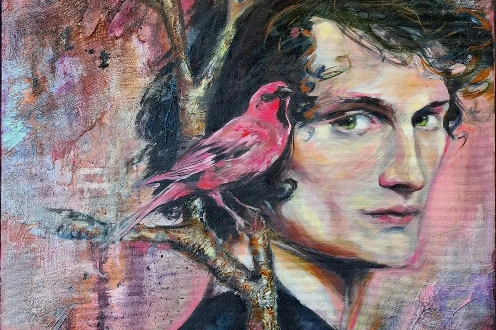 "Secret Language" painting by Leticia Scottini of a man with curly dark hair, green eyes and a pink bird perched on a branch. Figurative painting with abstract background.