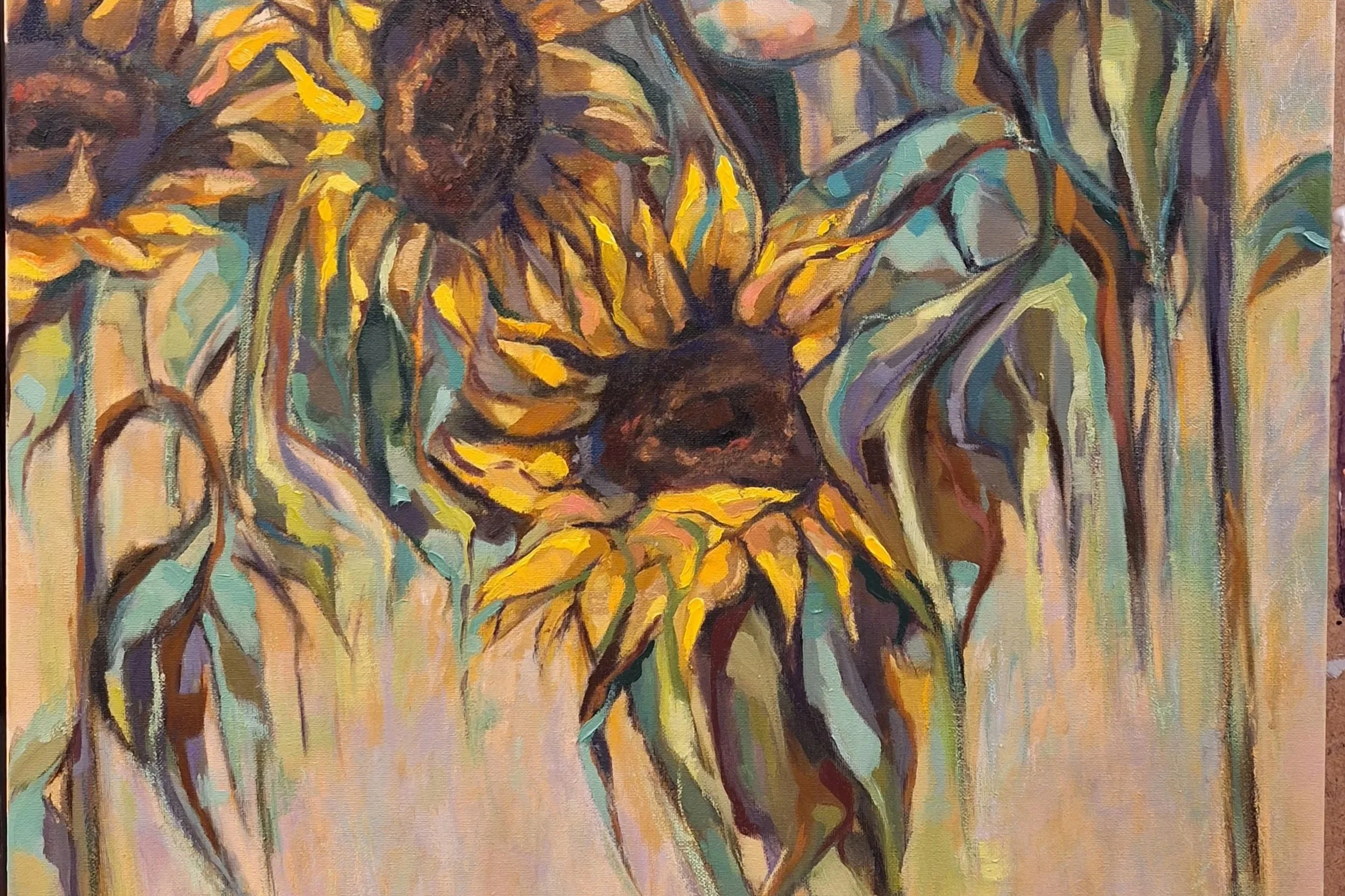 "Sunflower Soul" painting by Leticia Scottini. Abstract painting of sunflowers with thick brushstrokes in warm tones of yellow, orange, brown, green, and purple, with a girl´s face emerging.