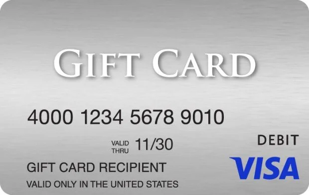 A grayscale gift card with a Visa debit logo, displaying a card number, expiration date, and instructions for use in the United States.