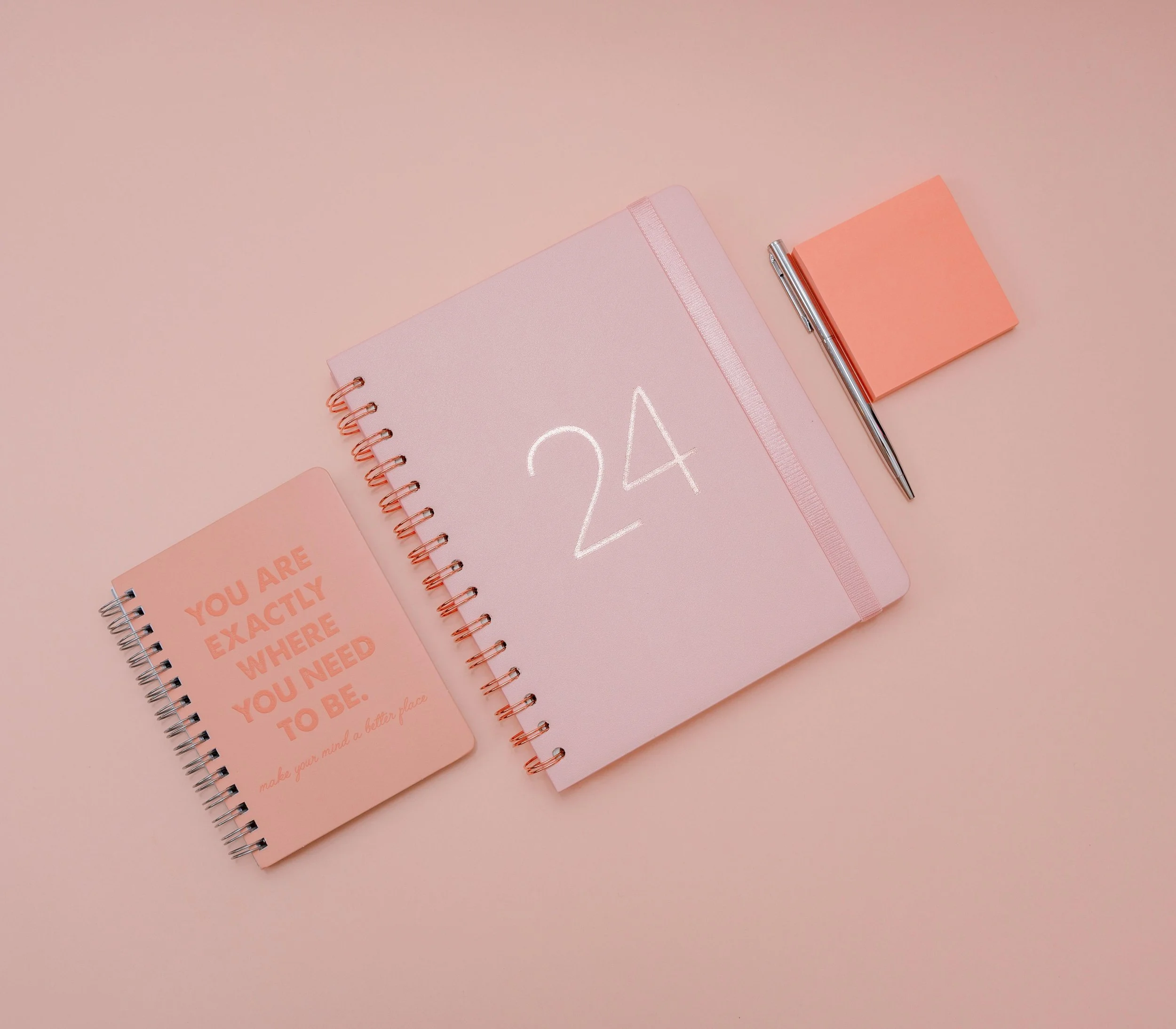 Pink planners and stationery arranged on a desk, representing small practical steps and choosing where to begin.