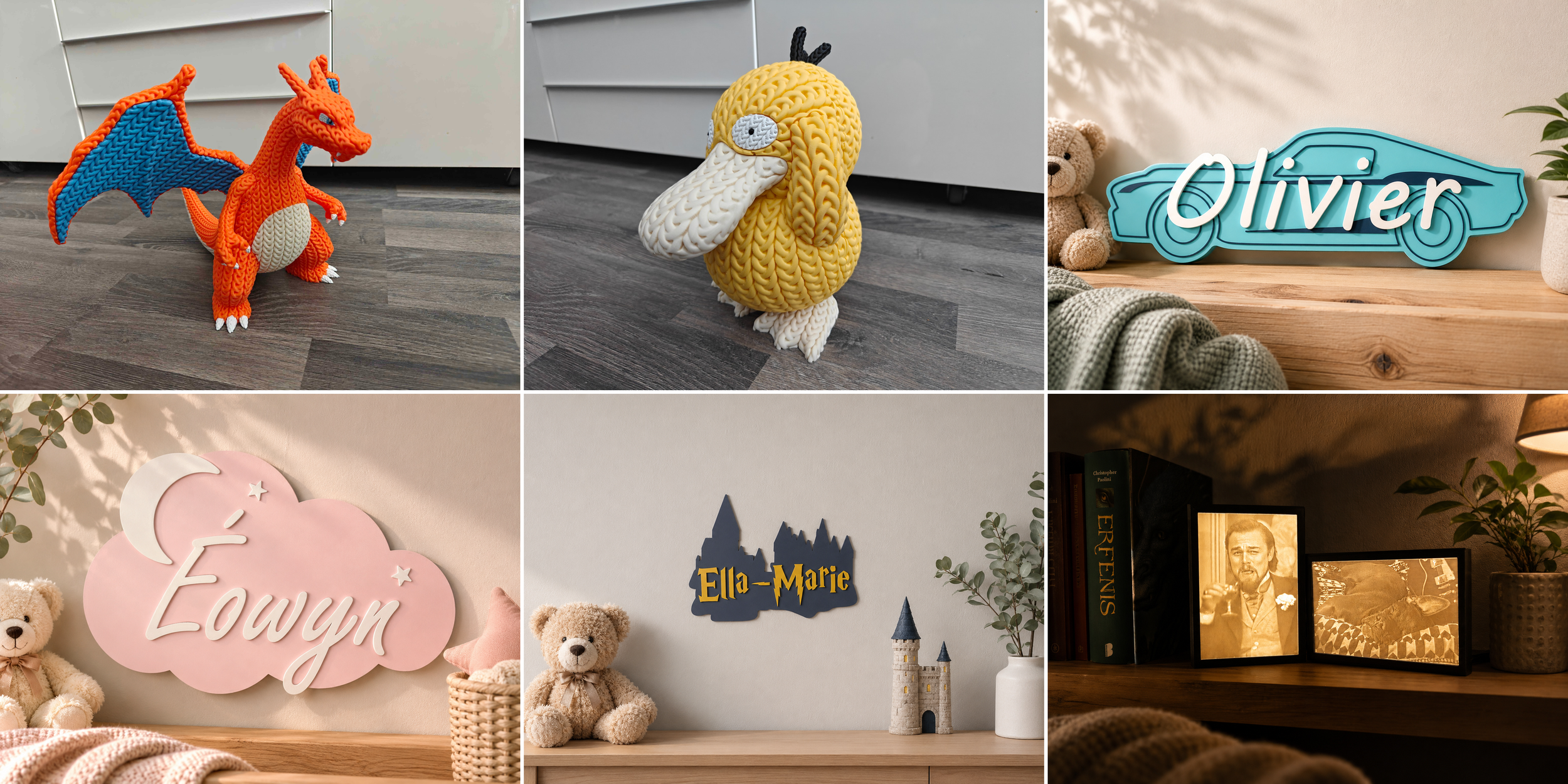 Collage van verschillende decoratieve en persoonlijke items, onder andere gehaakte speelgoeddraak en eend, naamplaatje Oliver, zachte teddyberen, muurdecoraties met namen zoals Eowyn en Ella-Marie, boeken en een literaire foto.