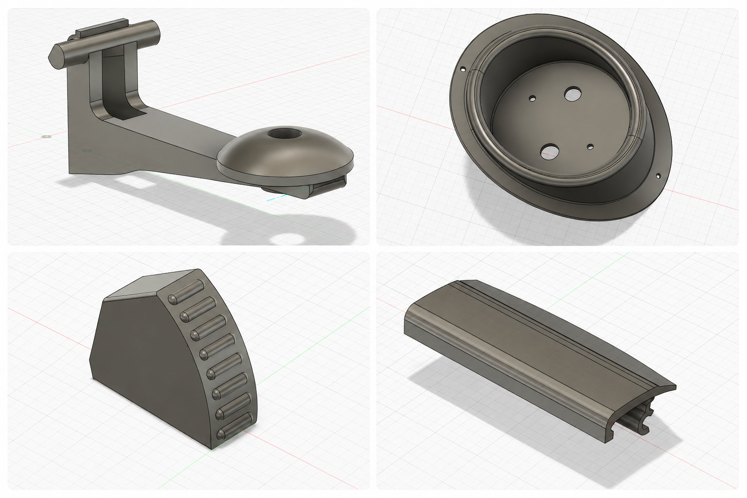 Vier 3D-ontwerpen van metalen onderdelen weergegeven in CAD-software. Boven links een L-vormig deel met een bolvormige uitsparing en een slijtagegeleider. Boven rechts een conisch onderdeel met vier gaten. Onder links een rechthoekig onderdeel met gebobbeld patroon aan één zijde. Onder rechts een lang, plat, licht gebogen metalen stuk met een gleuf in het midden.