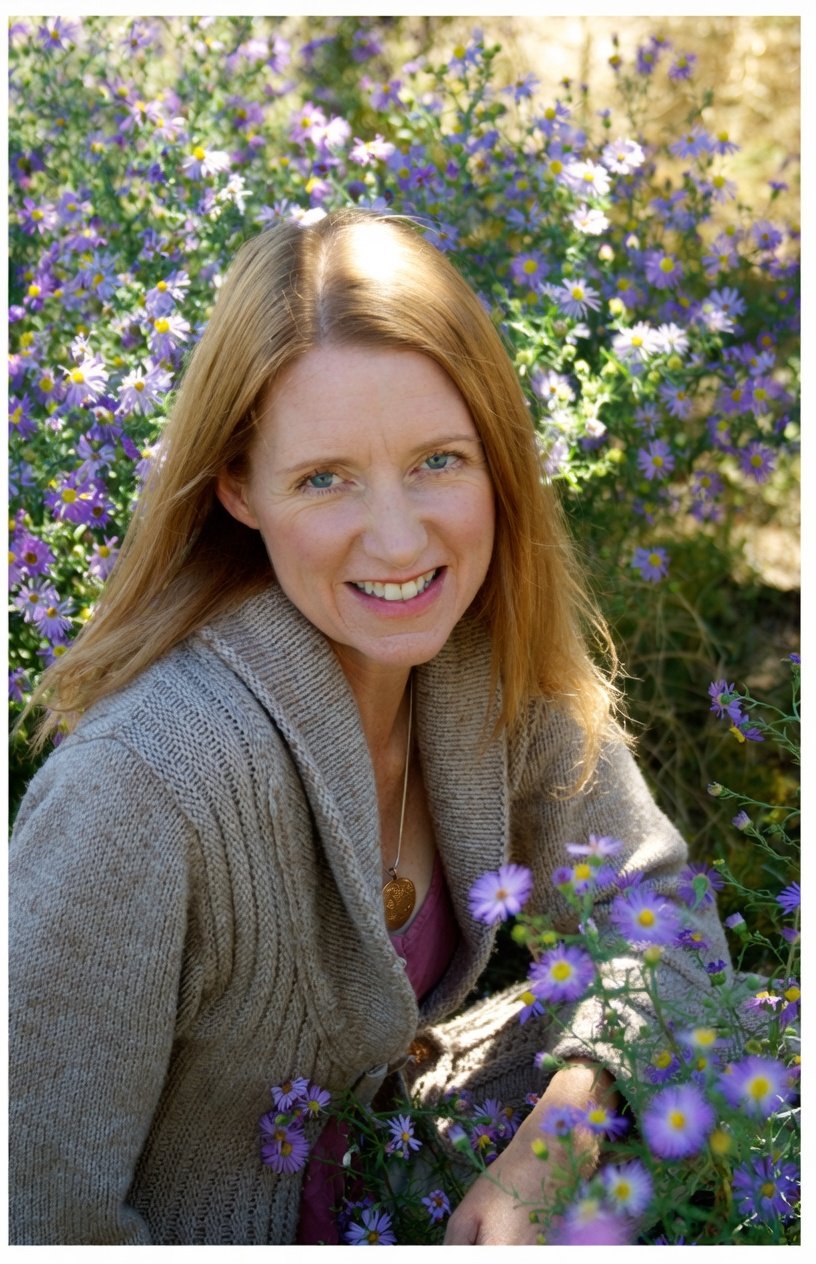 Gillian Mickelson pictured with red hair and blue eyes smiling while sitting among purple wildflowers in a garden.