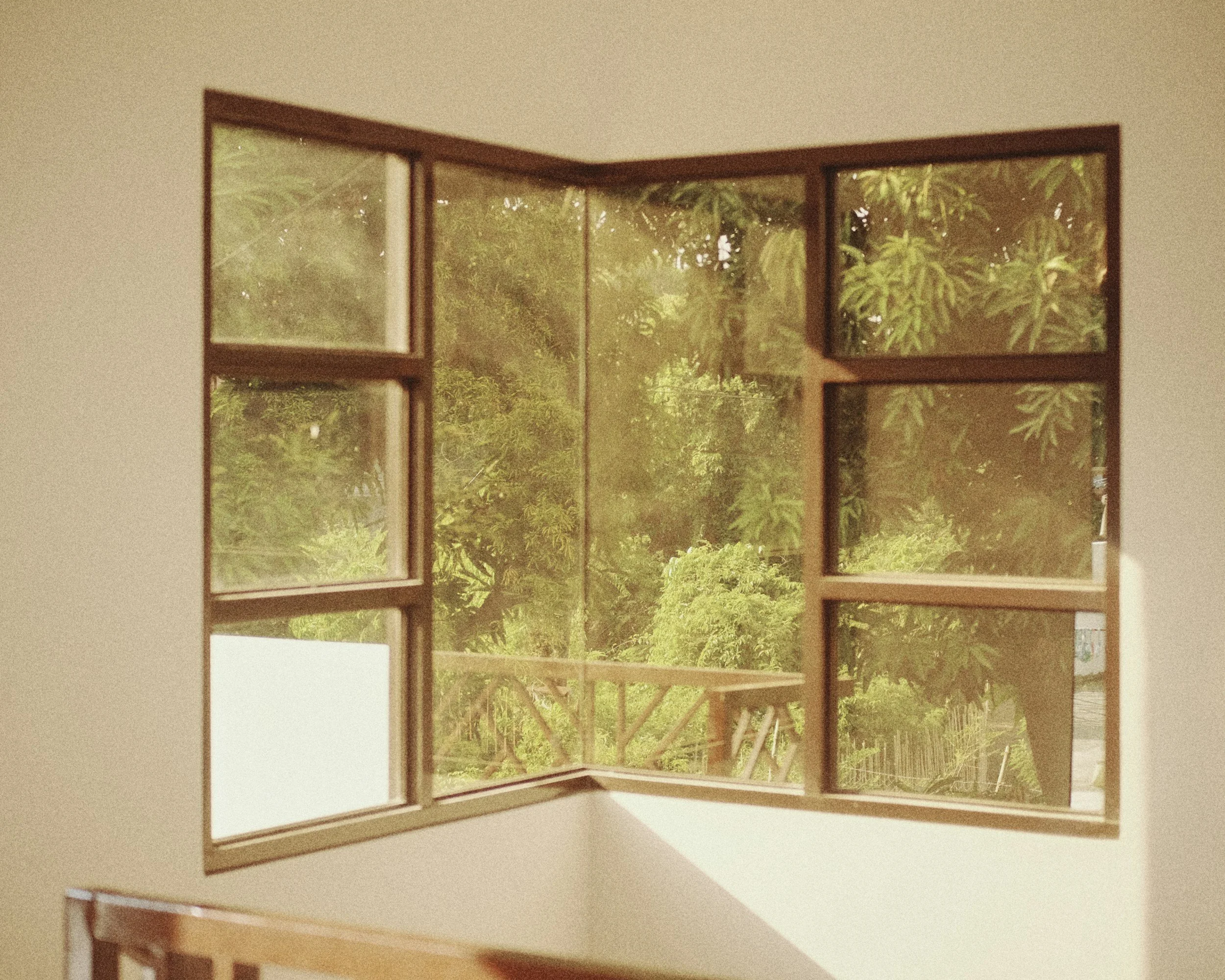 Interior view of a room with a large window showing lush green trees outside.