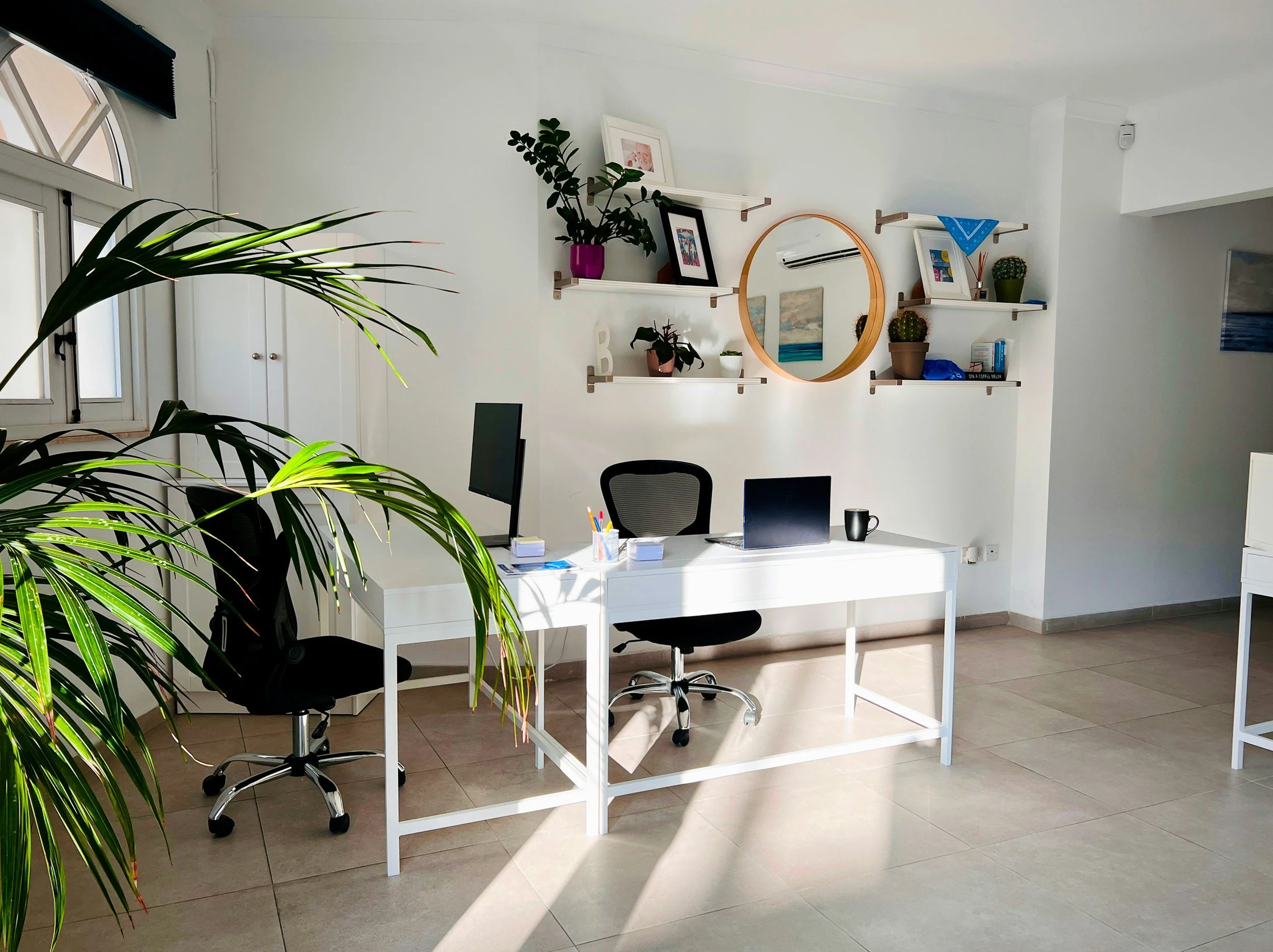 Modern office space with white desks, chairs, and wall shelves decorated with Plants, framed pictures, and artwork, illuminated by natural light from a window.