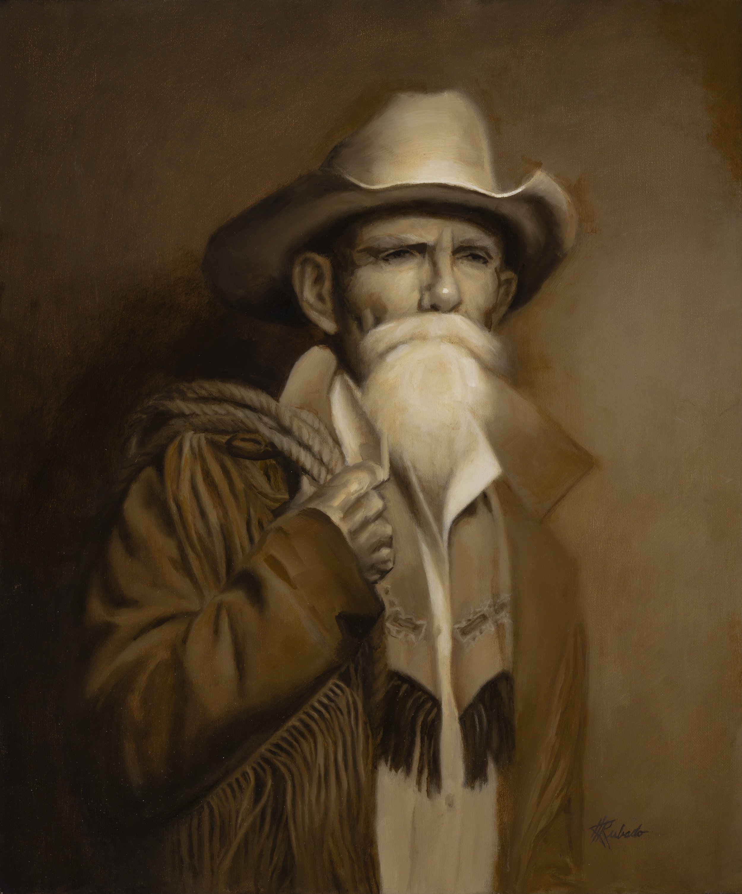 Sepia-toned painting of an elderly man with a long white beard wearing a wide-brimmed hat and brown coat.