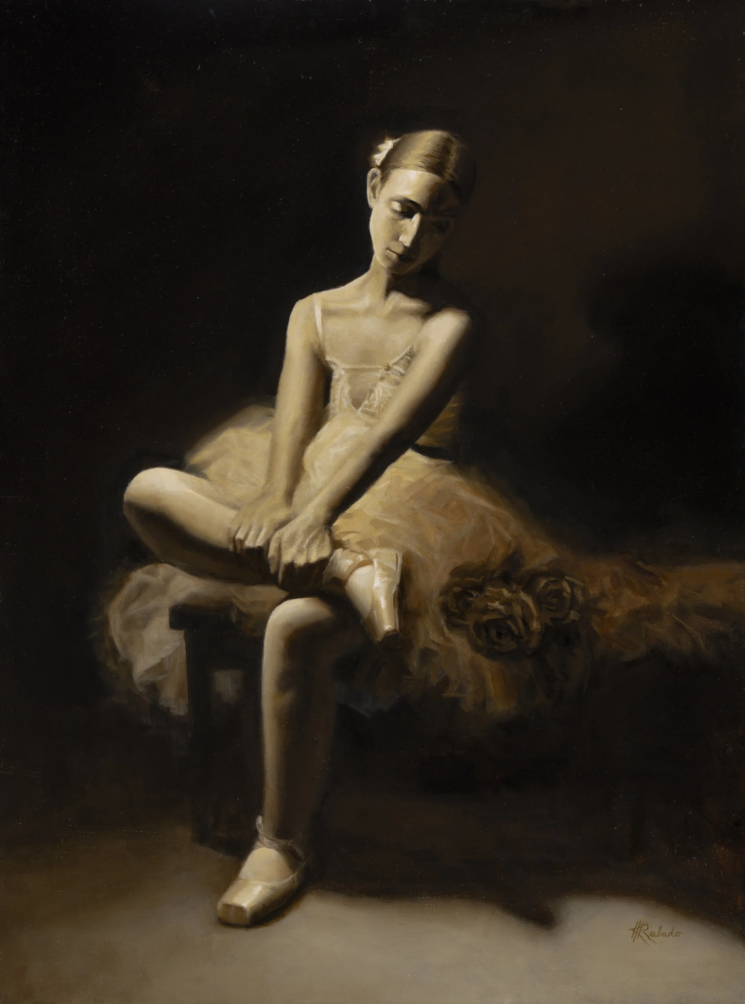 Moody oil painting of a seated ballerina in a white tutu and pointe shoes against a dark background