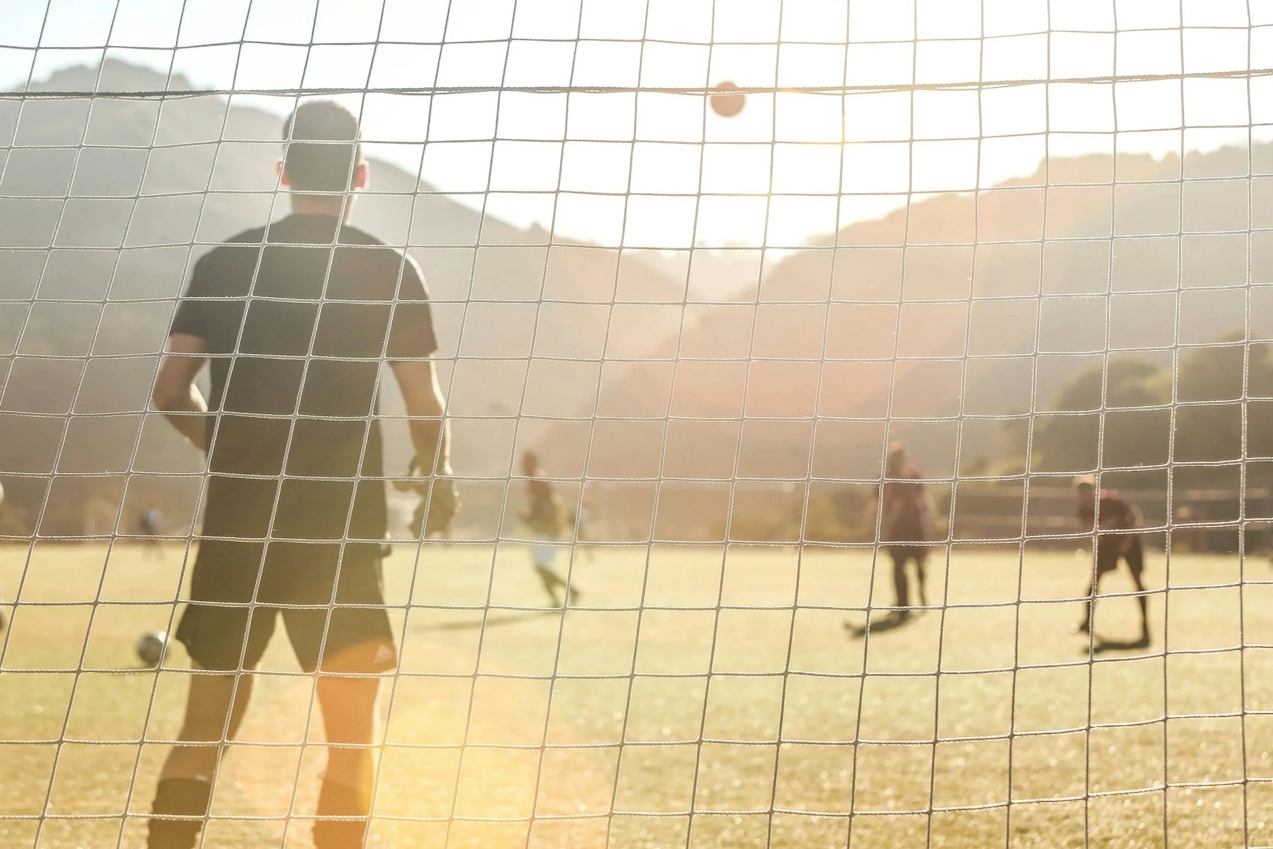 A soccer goalie watches as a ball approaches.