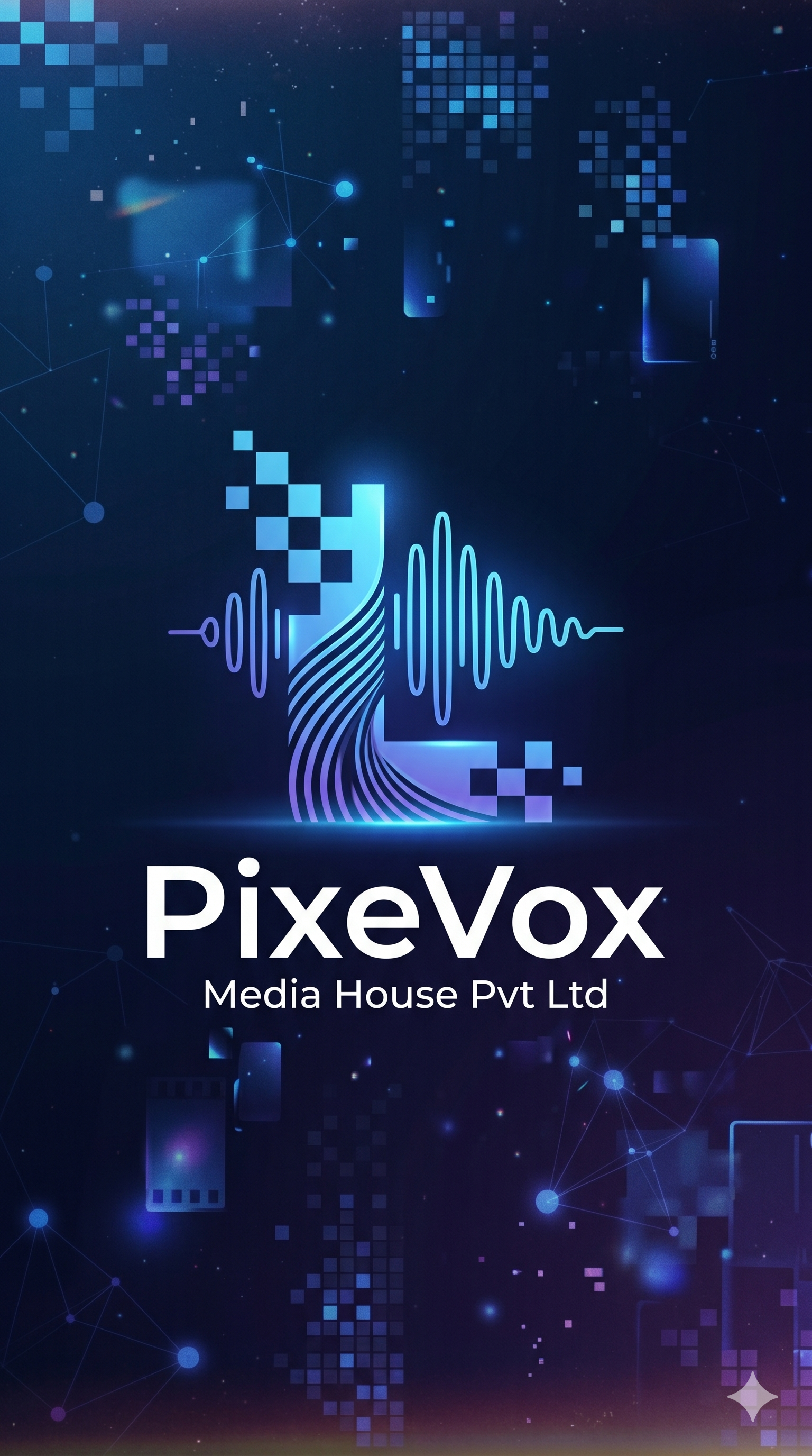 Digital artwork featuring pixelated squares, interconnected lines, and waveforms, with the text 'PixeVox Media House Pvt Ltd'.