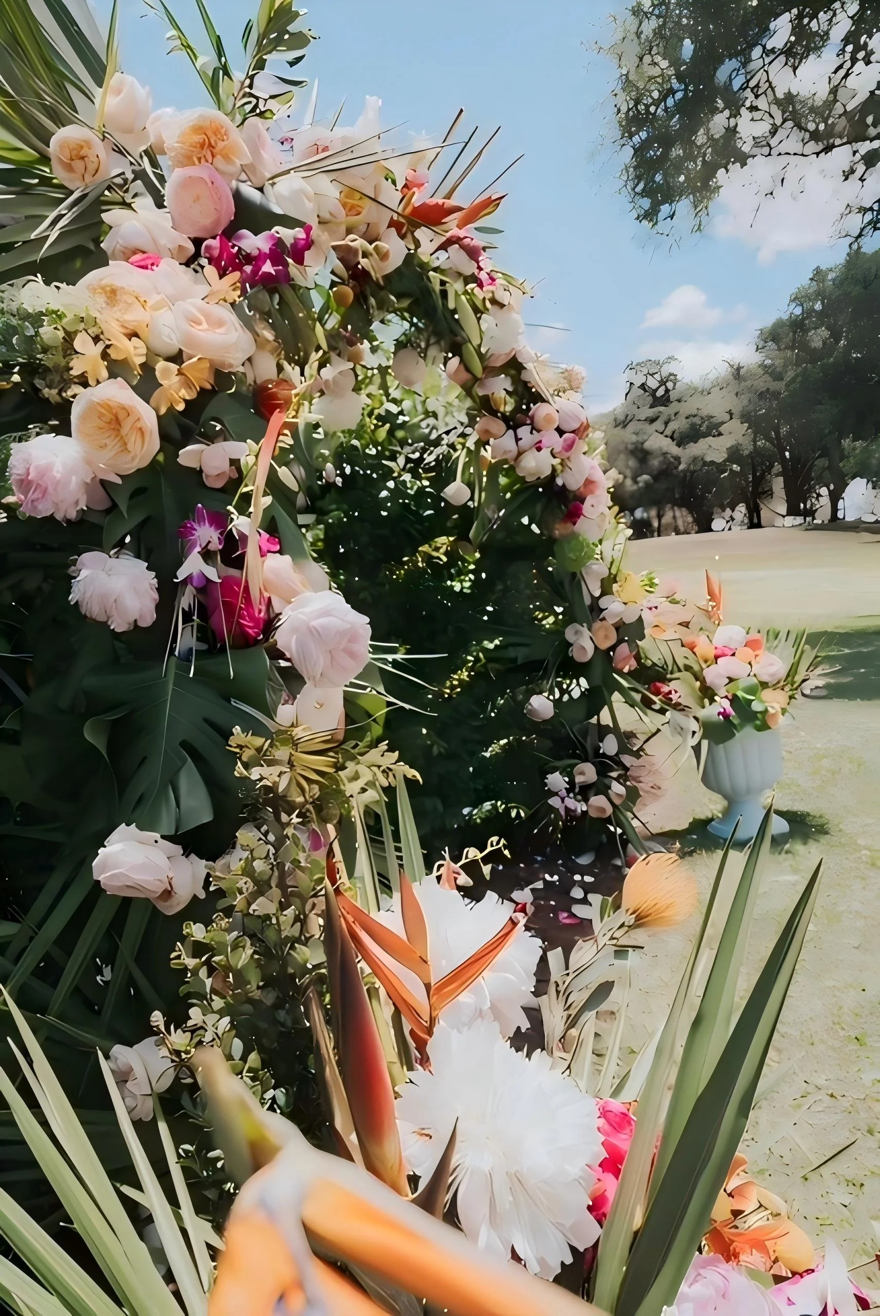 Wedding floral arrangement decorating an outdoor micro wedding at Five Oaks Farm event venue in Alachua, Florida