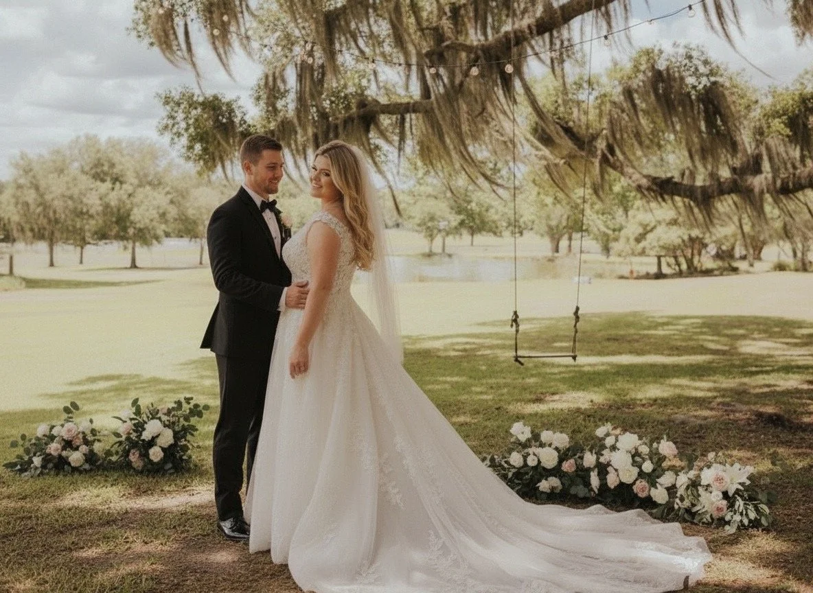 Bride and groom beneath the oak trees during an intimate wedding at Five Oaks farm event venue in Alachua, Florida
