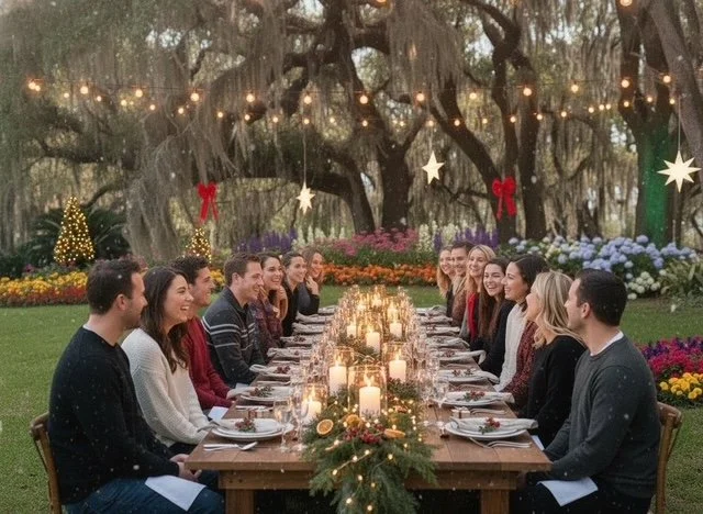Christmas celebration at a long outdoor table beneath the oak trees at Five Oaks Farm event venue in Alachua, Florida