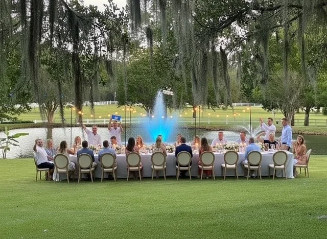 Outdoor baby reveal party at Five Oaks farm event venue in alachua, florida, with guest seating and a colorful reveal celebration by the pond