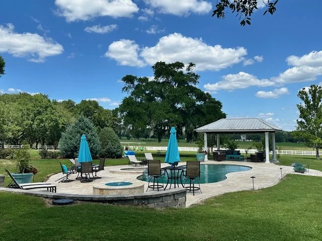 Outdoor pool and event area at Five Oaks Farm in Alachua, Florida, offering a scenic setting for private celebrations and gatherings