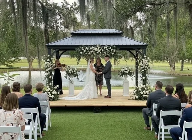 Intimate micro wedding ceremony at the gazebo at Five Oaks Farm event venue in alachua, florida, with guests seated outdoors beneath the oak trees