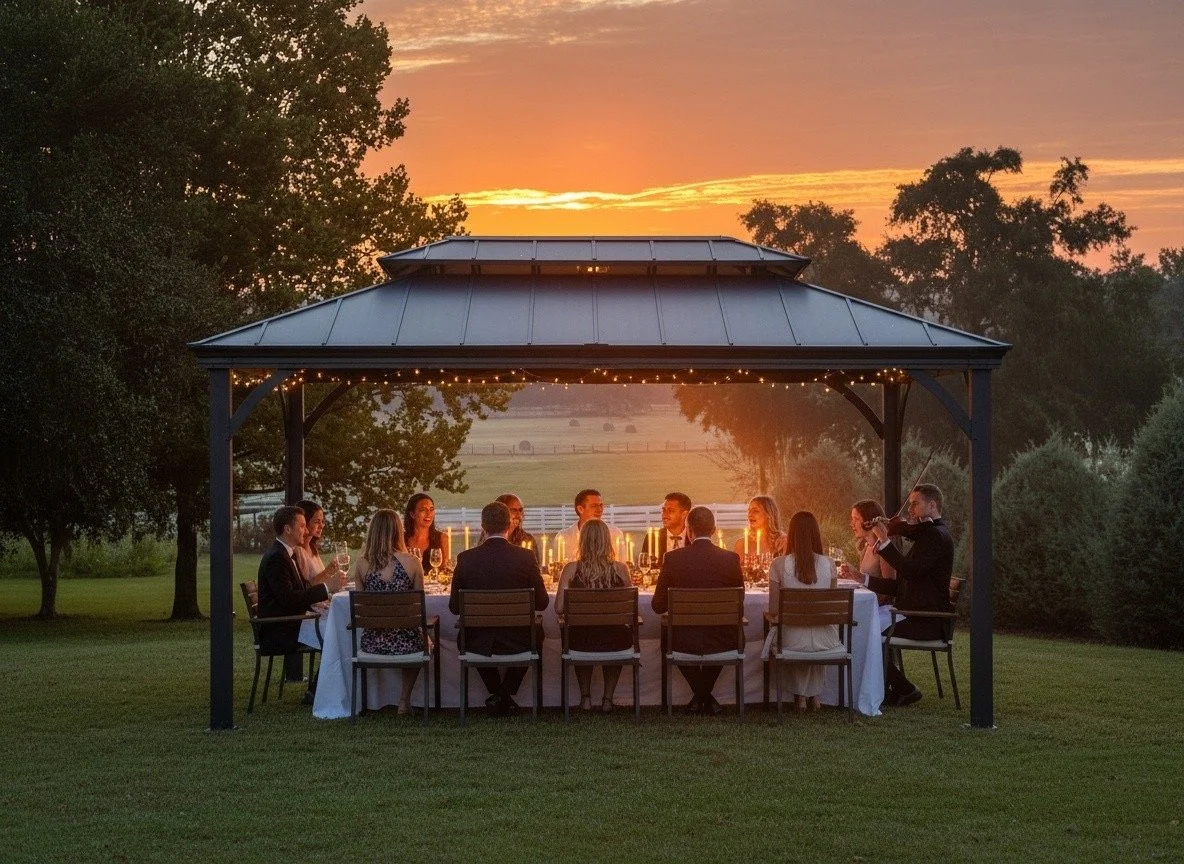 Intimate outdoor luxury dinner beneath the gazebo at Five Oaks Farm event venue in Alachua, Florida, with guests gathered at dusk