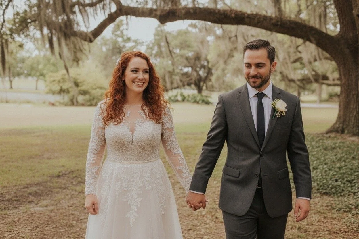 Bride and groom at an intimate micro wedding beneath the oak trees at Five Oaks Farm event venue in Alachua, florida