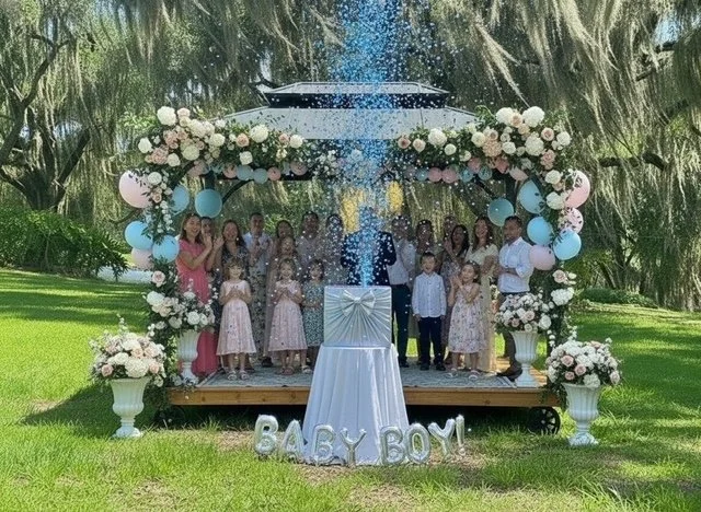 Outdoor baby reveal celebration at Five Oaks Farm event venue in alachua, Florida, with guests gathered beneath a decorated balloon and flower arch