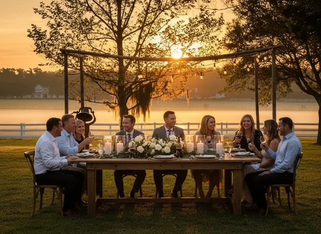 Friends enjoying an outdoor dinner at sunset at Five Oaks Farm event venue in Alachua, Florida, surrounded by a peaceful farm setting