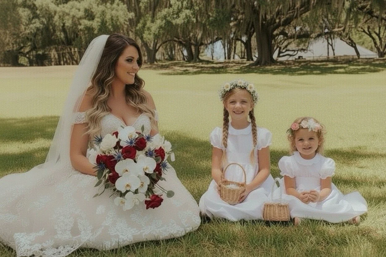 Bride with yound flowers girls at a micro wedding beneath the oak trees at Five Oaks farm event venue in Alachua,  Florida