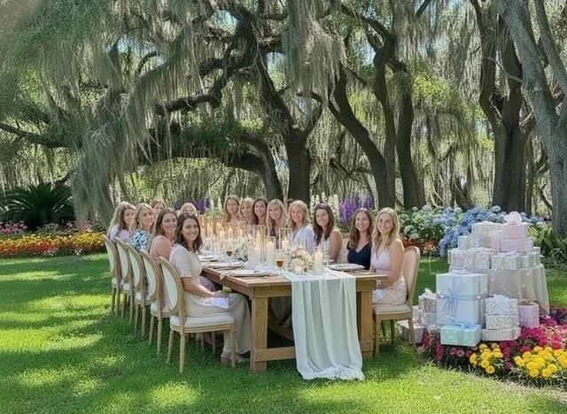 Outdoor bridal shower beneath the oak trees at Five Oaks Farm event venue in Alachua, Florida, with decorated tables and seating for guests