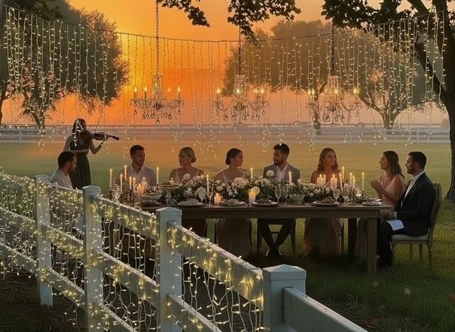 Private outdoor gathering at Five Oaks Farm event venue in alachua, florida with guests enjoying dinner beneath the oak trees and decorative lights