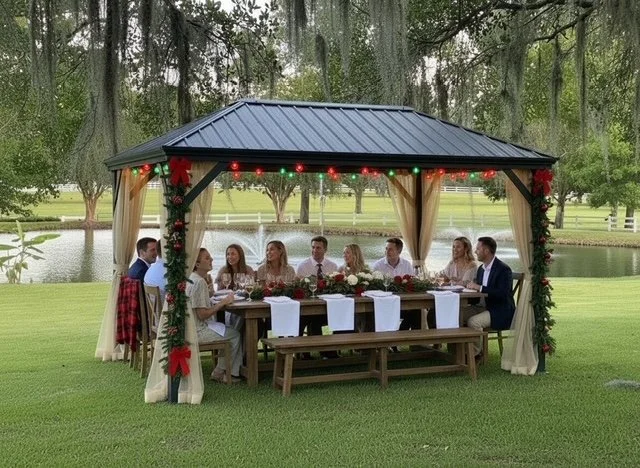 Family holiday gathering and outdoor dinner beneath the gazebo at Five Oaks Farm event venue in alachua, florida