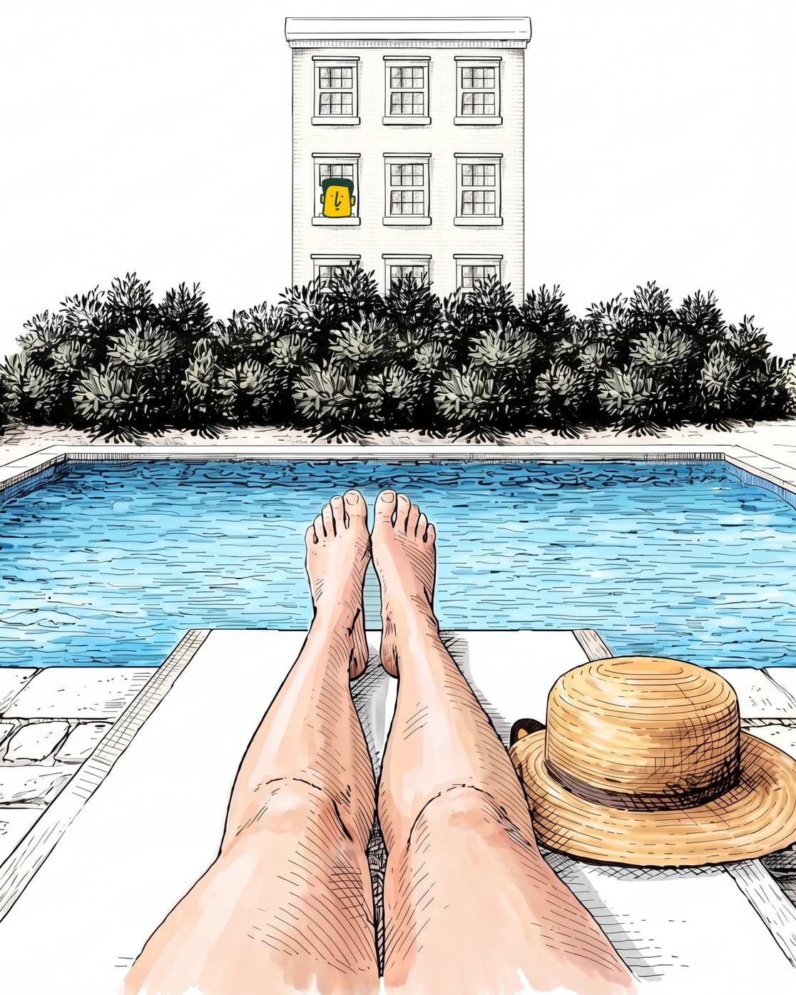 Person relaxing by a swimming pool with their legs extended, a straw hat on a lounger nearby, overlooking a building and bushes in the background.