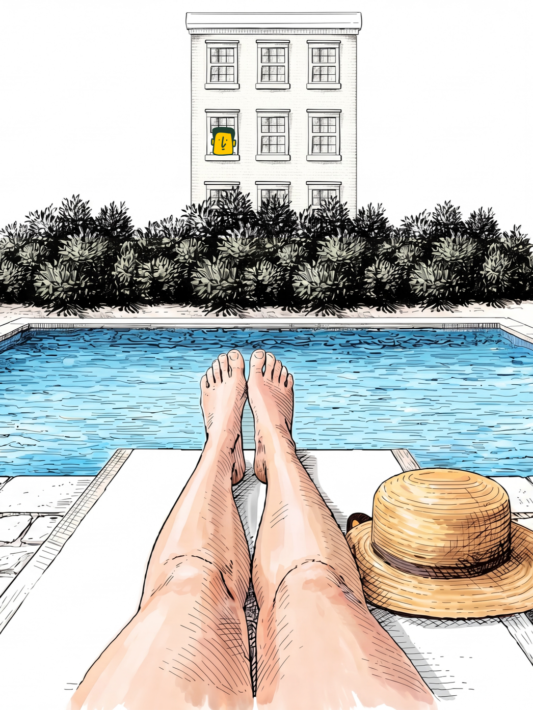 Woman sitting next to pool with man watching.