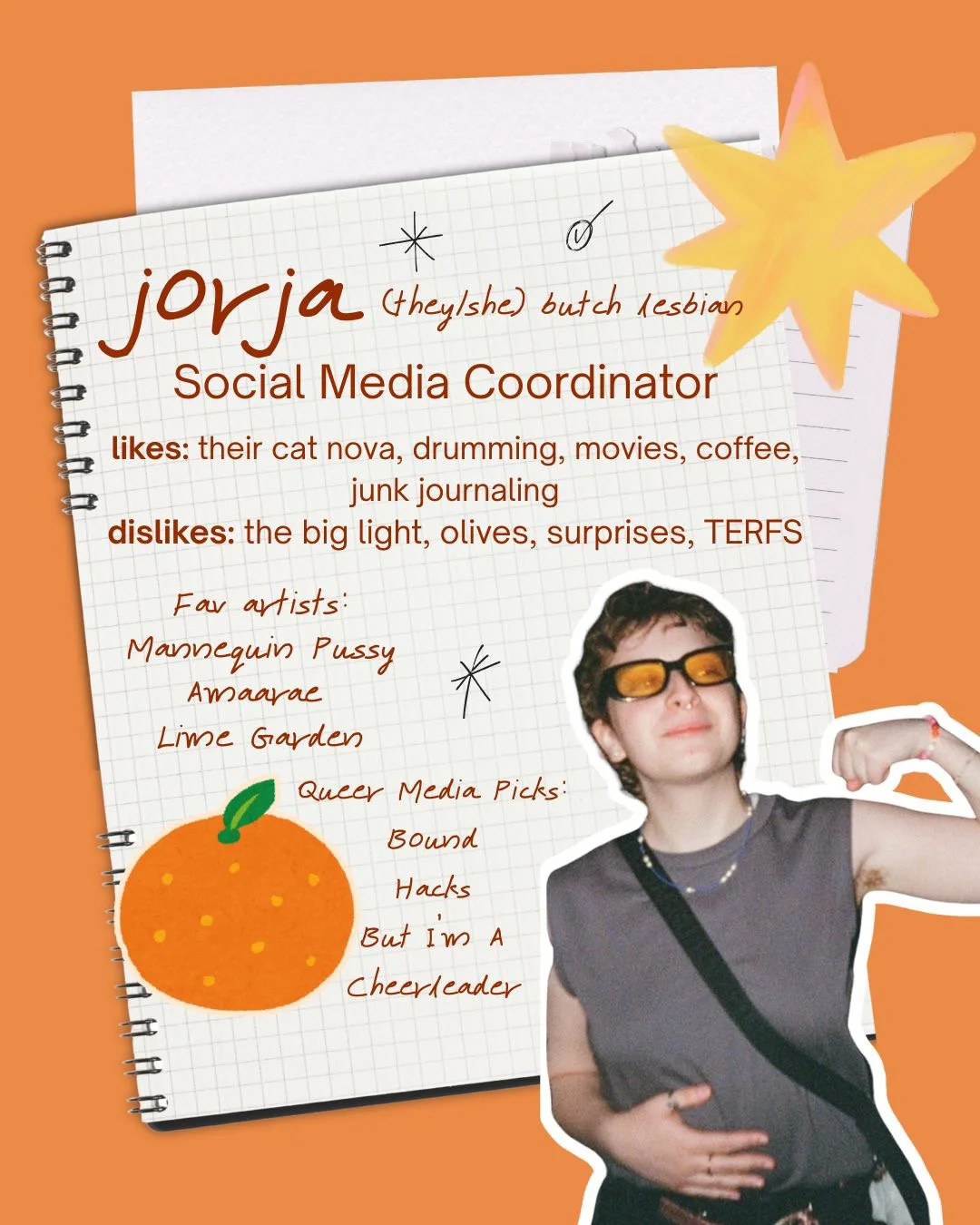A creative profile page for 'jovja,' a bisexual butch lesbian and social media coordinator, featuring her preferences and dislikes, favorite artists, and queer media picks. The page includes a photo of a person with short hair and sunglasses, along with hand-drawn doodles, a star, and an orange fruit illustration on a graph paper background.