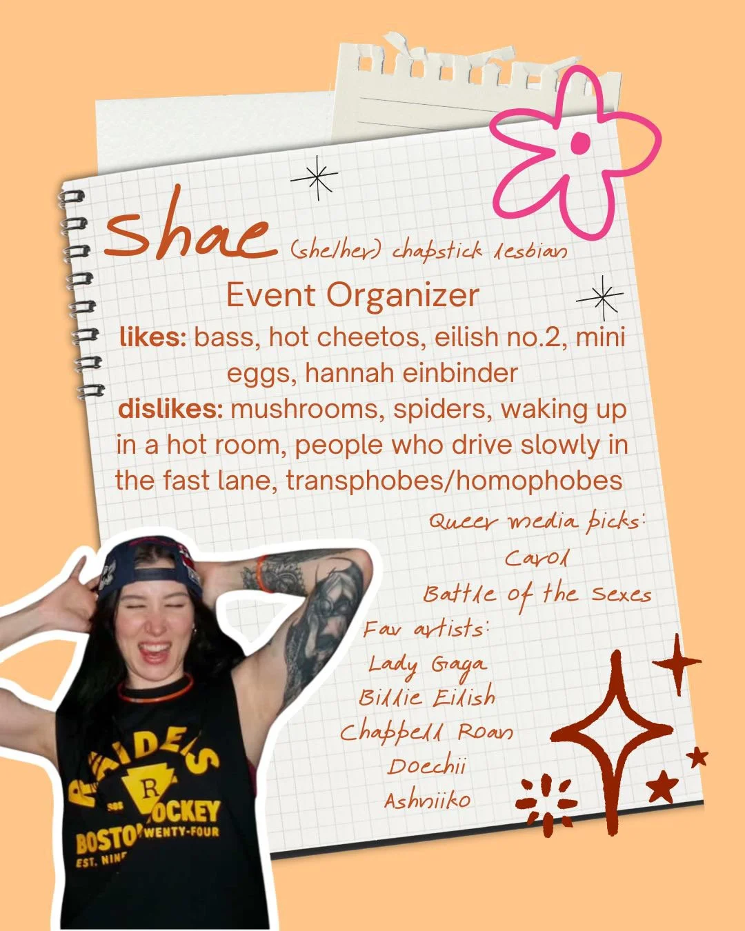 A handwritten event organizer note on graph paper with a photo of a woman wearing a black shirt, a cap, and tattoos. The note describes personal likes, dislikes, media picks, and favorite artists, with decorative doodles and a pink flower drawing.