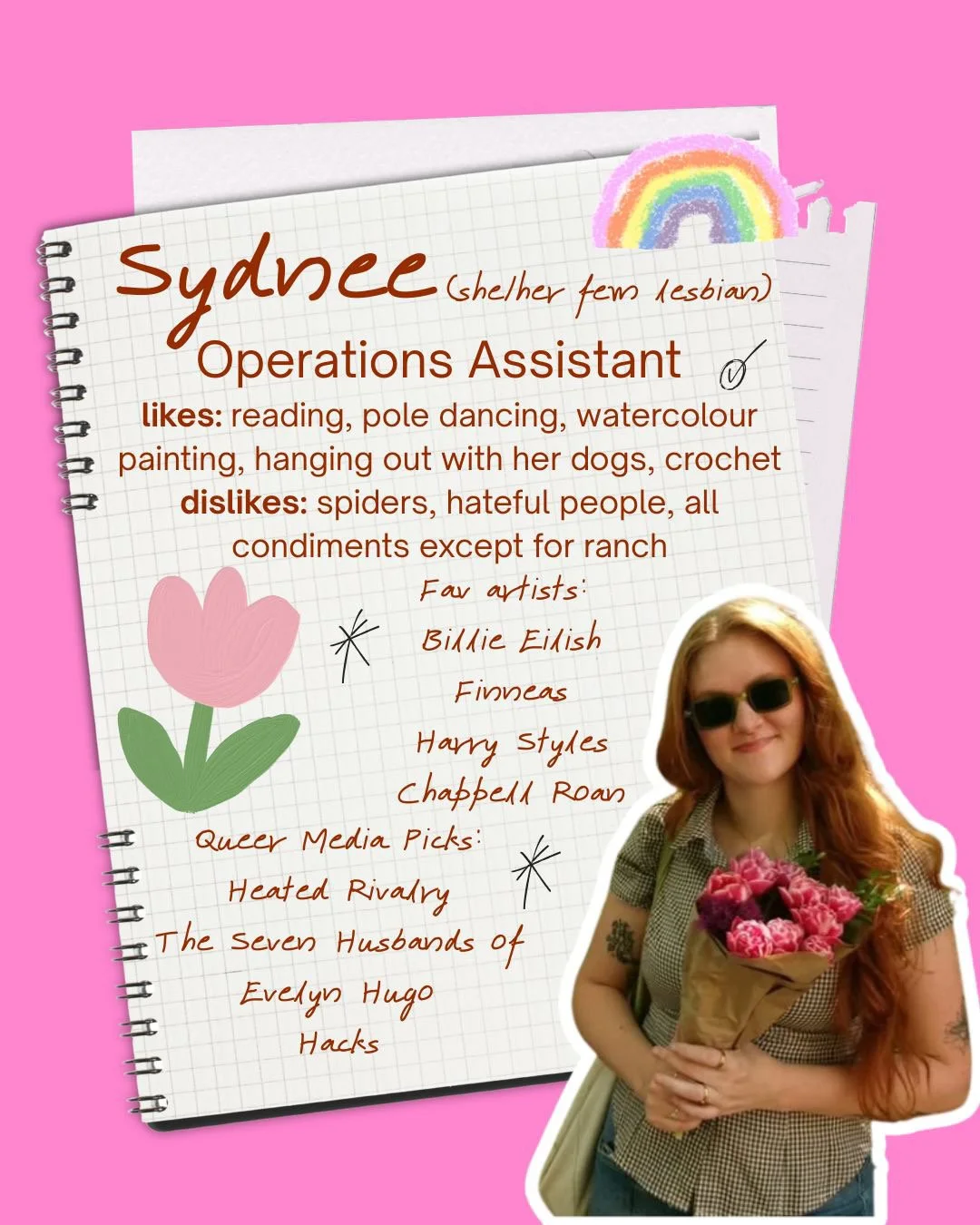 A graphic profile of Sydney, a shelter fem lesbian, as an operations assistant. The profile is on a notebook page with a pink background, decorated with a rainbow and a pink flower. It lists her likes, dislikes, favorite artists, and queer media picks. Sydney is depicted as a woman with long reddish hair, sunglasses, holding a bouquet of pink flowers.
