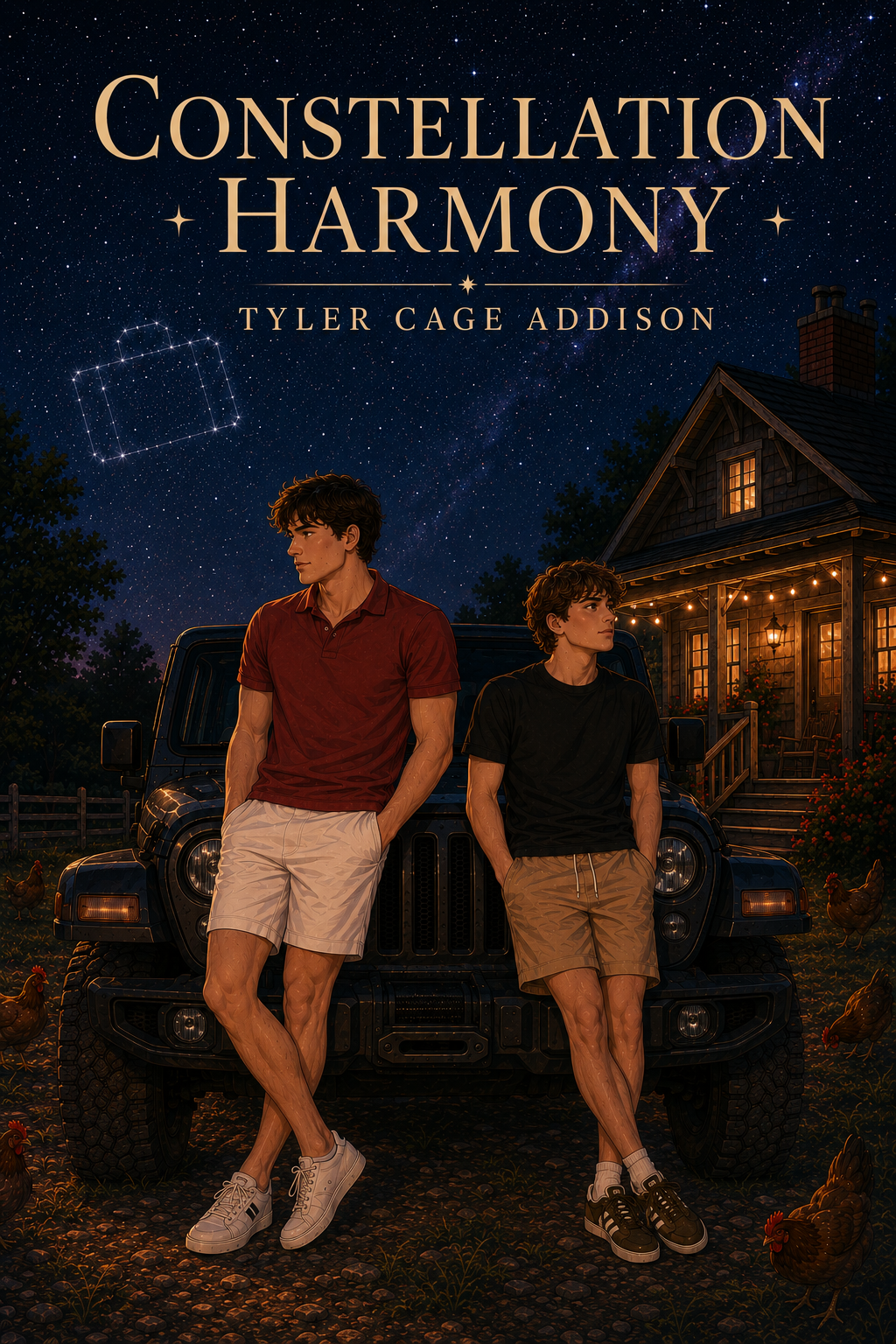 A cover illustration for 'Constellation Harmony' by Tyler Cage Addison, featuring two young men with dark hair leaning against a black Jeep parked in a rural area at night, with a starry sky including a constellation outline and a house with lit windows and porch lights in the background.