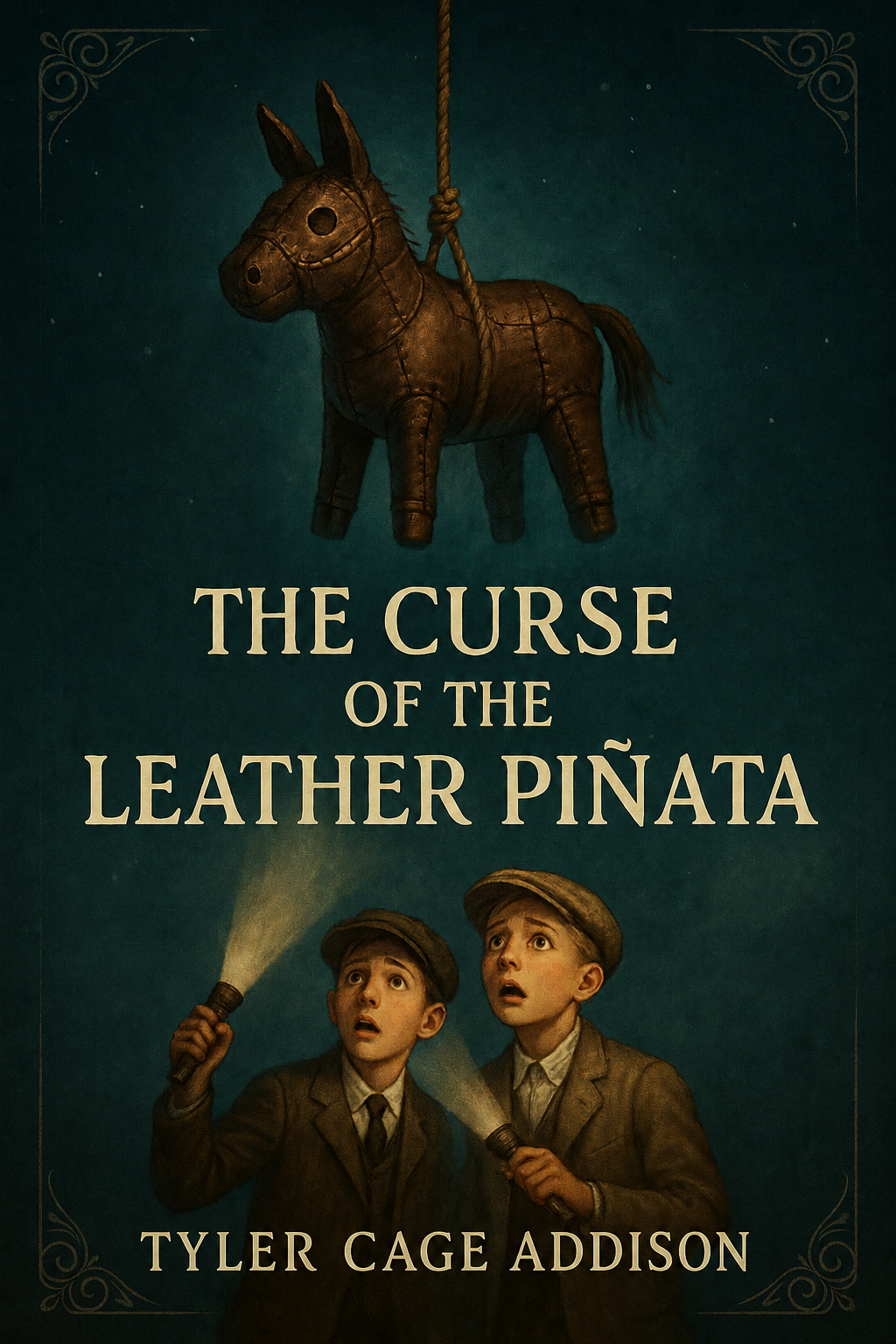 Book cover for 'The Curse of the Leather Piñata' by Tyler Cage Addison, featuring a hanging wooden piñata shaped like a donkey and two boys holding flashlights looking up in surprise.