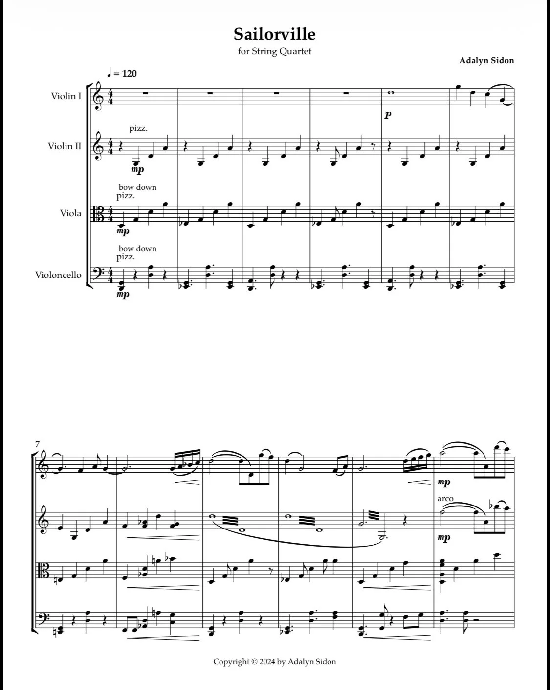Sheet music titled 'Sailorville' for string quartet, composed by Adalyn Sidon, with notes for violin, viola, and cello.