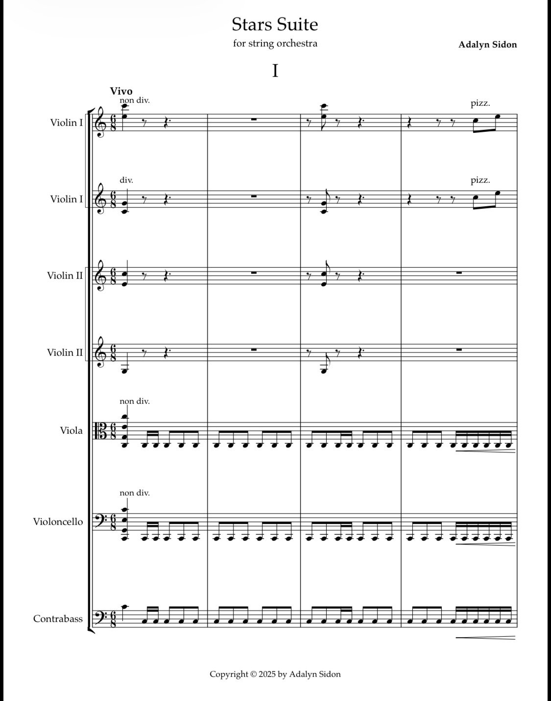 Sheet music titled 'Stars Suite for string orchestra' by Adalyn Sidon, first movement, featuring parts for violins I and II, viola, violoncello, and contrabass.