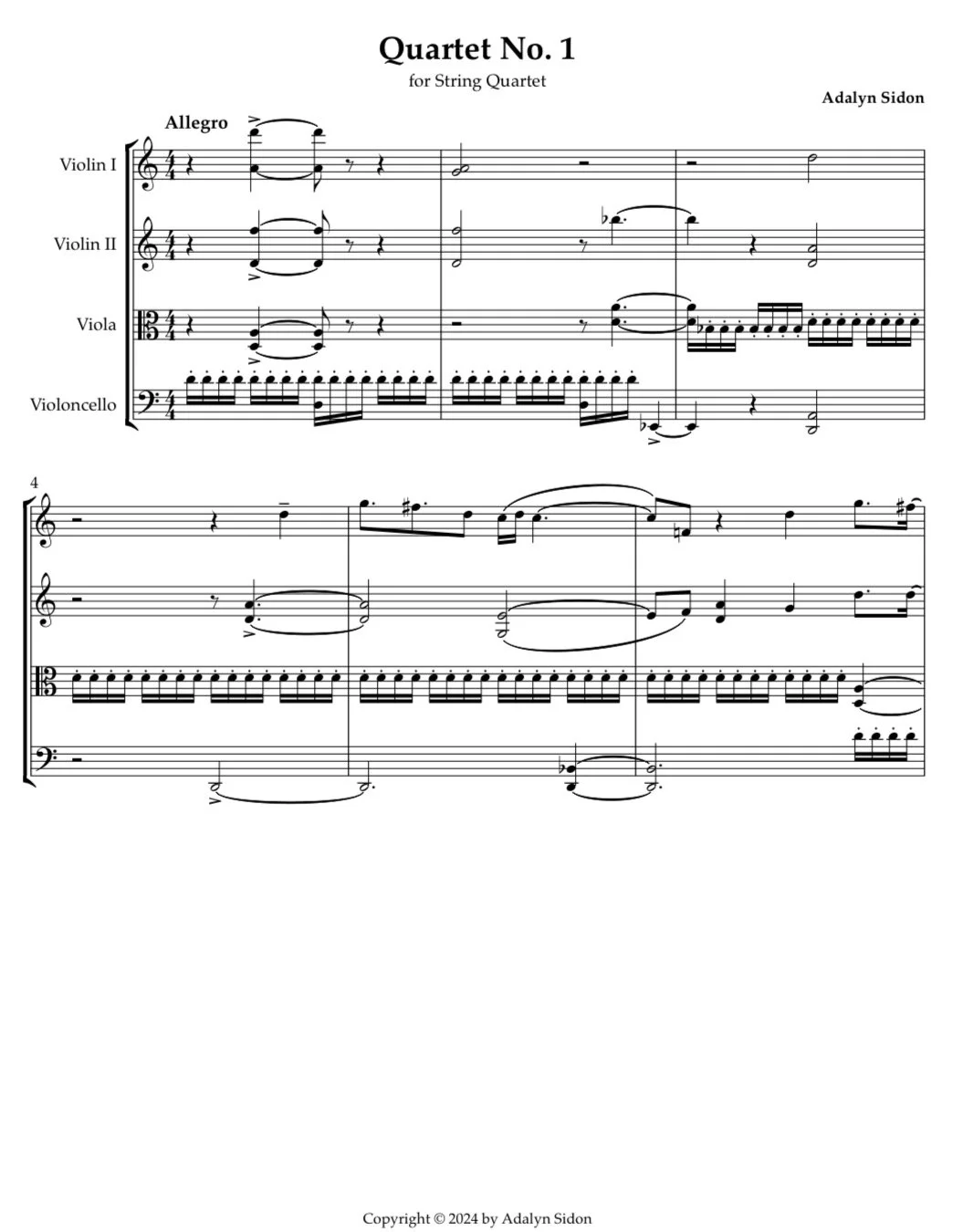 Sheet music titled 'Quartet No. 1' for string quartet composed by Adalyn Sidon, featuring parts for Violin I, Violin II, Viola, and Violoncello, with a tempo marking of Allegro.